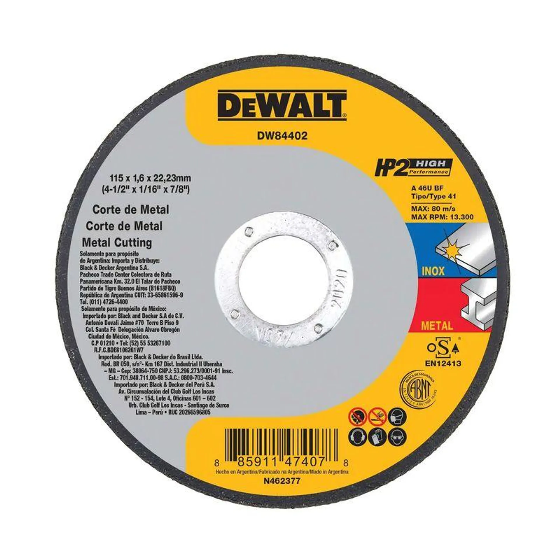 Disco Corte Metal 4-1/2 X 1/16 X 7/8 Dewalt