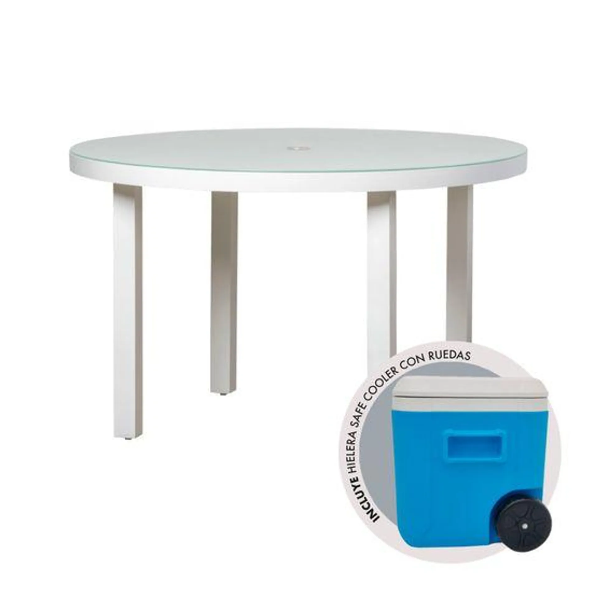 Mesa de Comedor Redonda Con Hueco Cooper + Hielera Safe 45L| Blanco - Gris Oscuro Copy