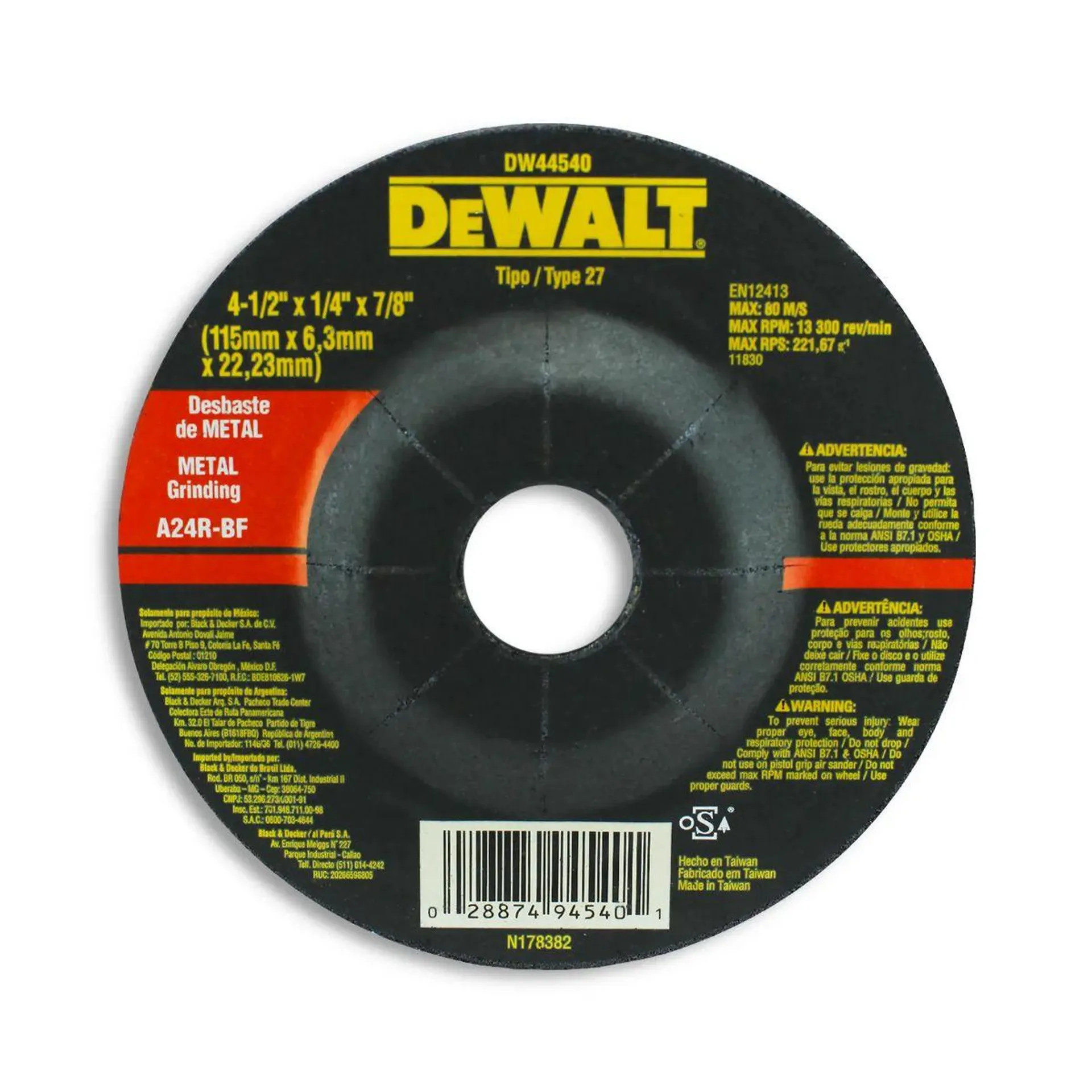 Disco Desbaste Metal 4 1/2X1/4X7/8 Cd Dewalt