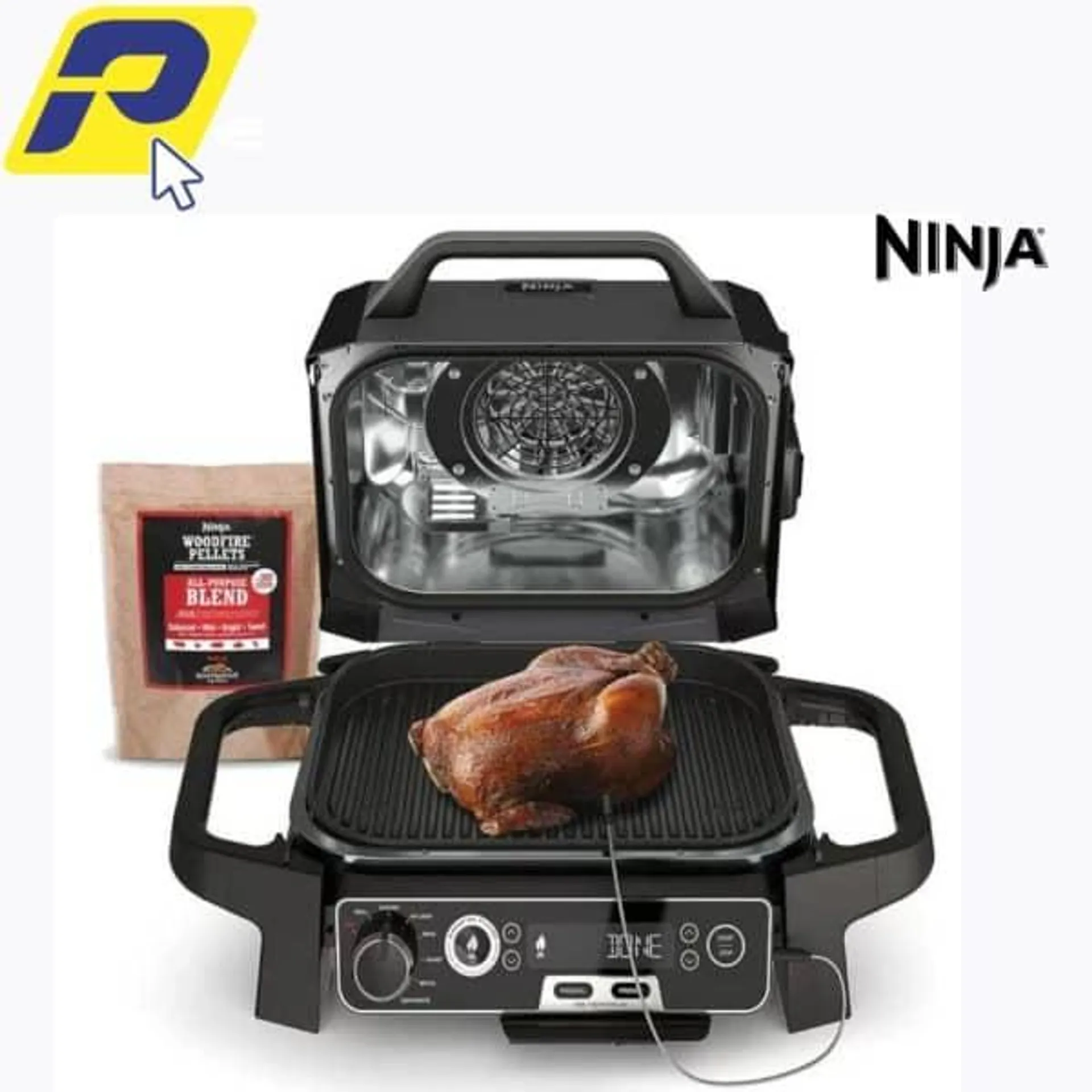 NINJA WOODFIRE PRO OG-751BRN- PARRILLA Y AHUMADOR 7 en 1 CON TERMOMETRO, FREIDORA DE AIRE, BARBACOA, HORNEAR, ASAR – PARRILLA ELECTRICA PORTATIL PARA EXTERIORES GRIS