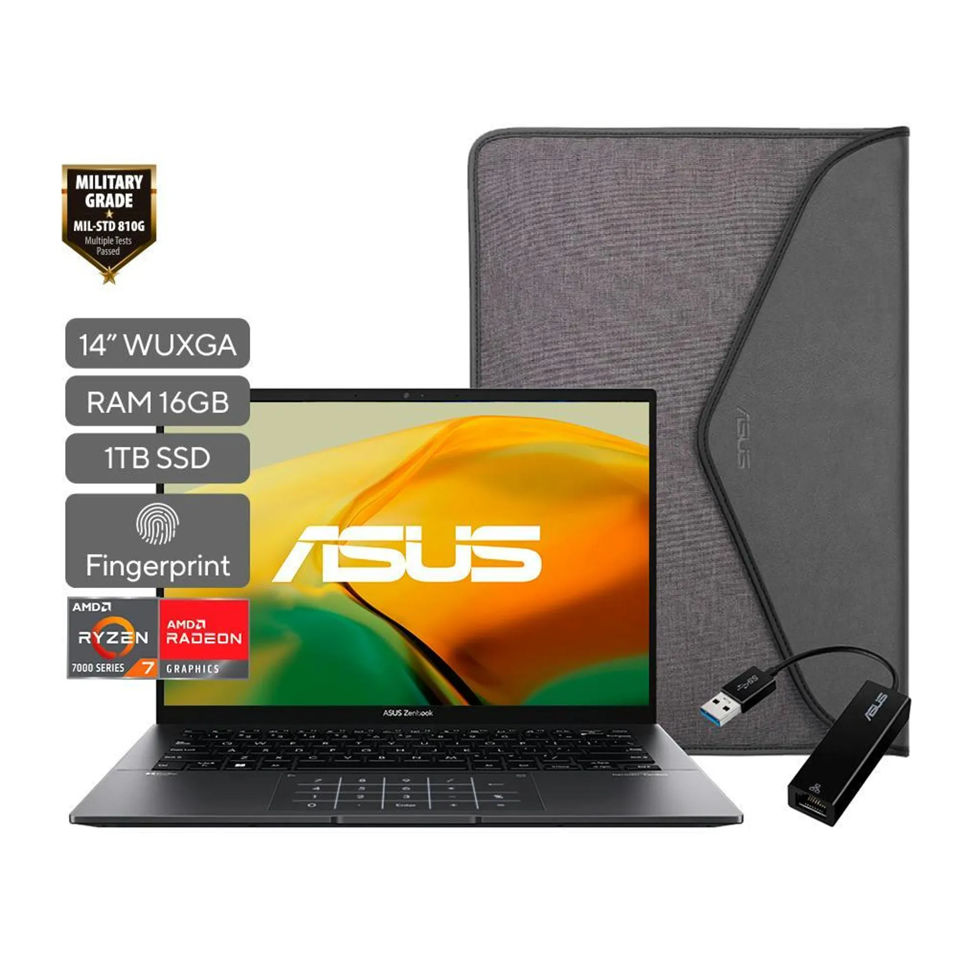 PORTATIL ASUS ZENBOOK 14 UM3402YA-KP666/RYZEN 7-7730U/16GB/SSD 1TB/14 PULG/W11/ESTUCHE/ADAP ETHERNET