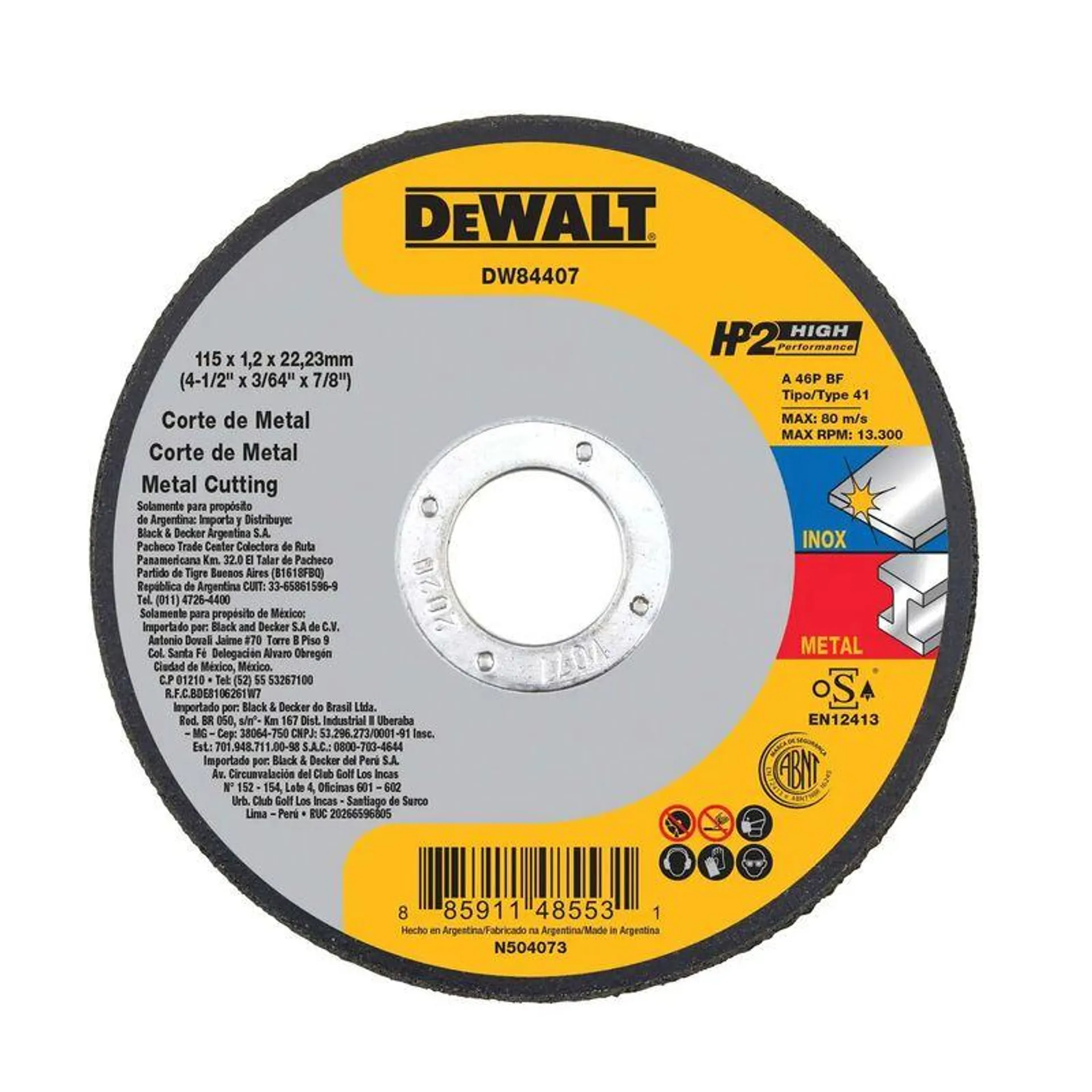 Disco Corte Metal 4-1/2 X 3/64 X 7/8 Dewalt