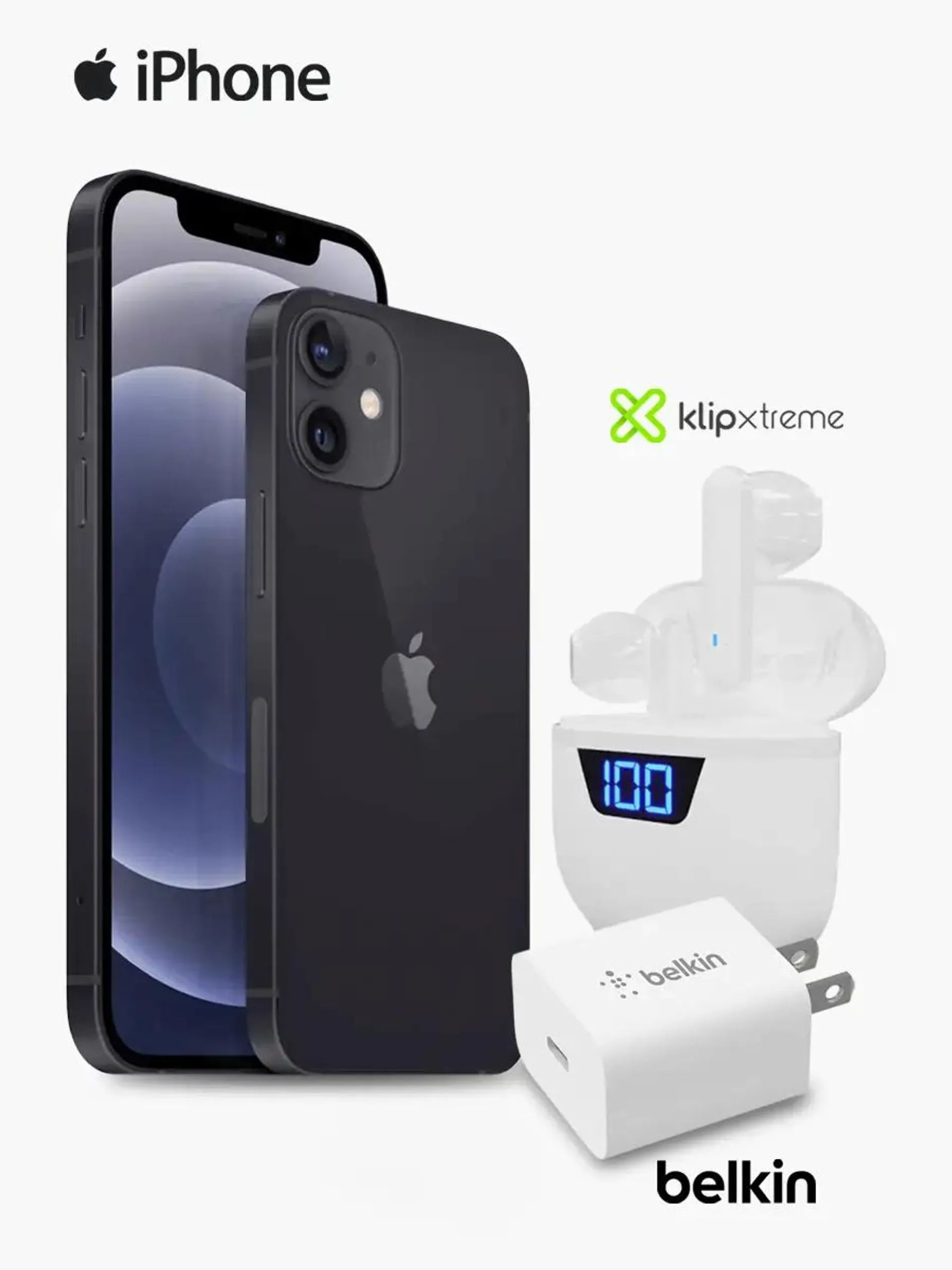 Combo iPhone 12 + Audífono Klip Xtreme KTE-006 + Cargador Belkin 20 W