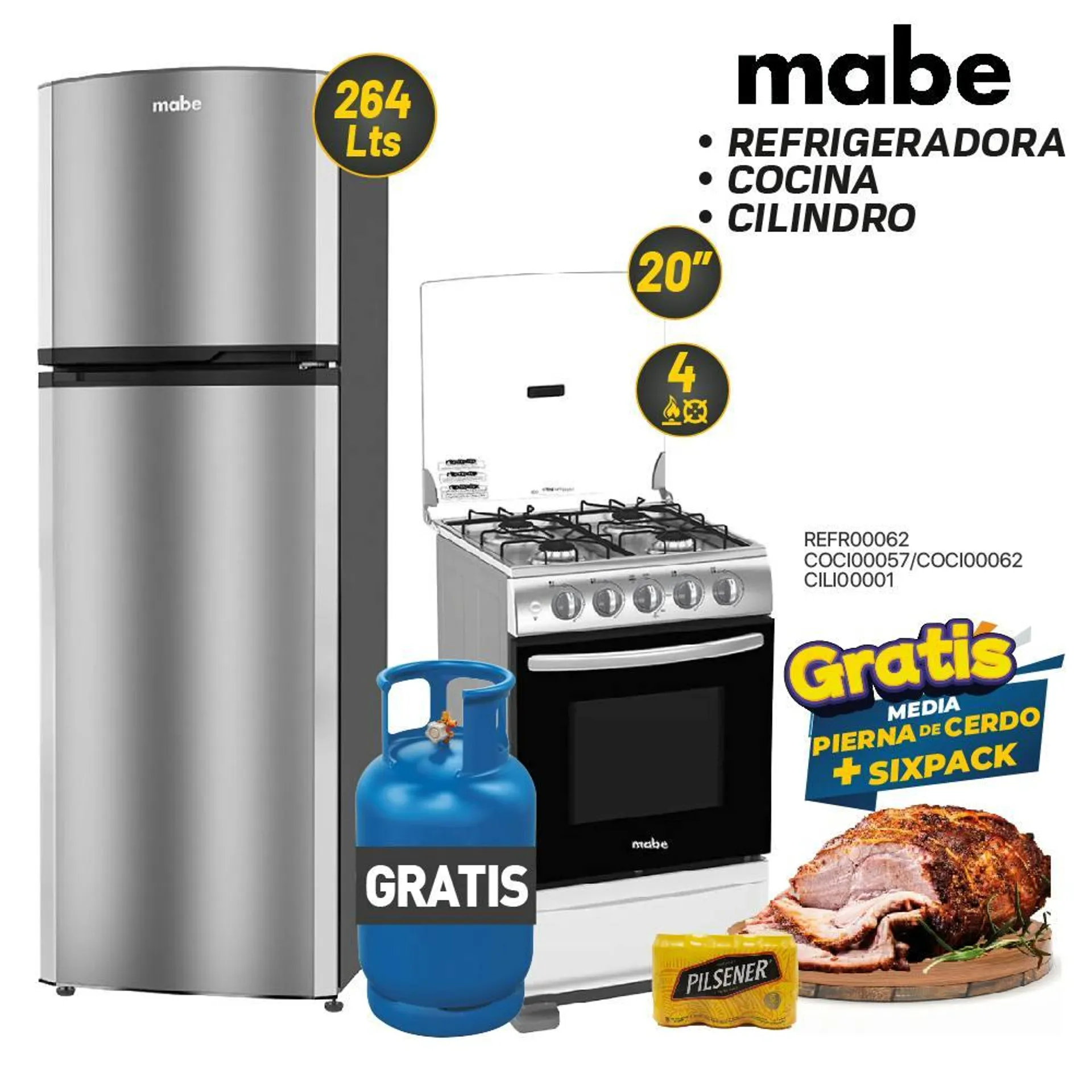 MEGA COMBO 7: COCINA + REFRIGERADORA + CILINDRO MABE