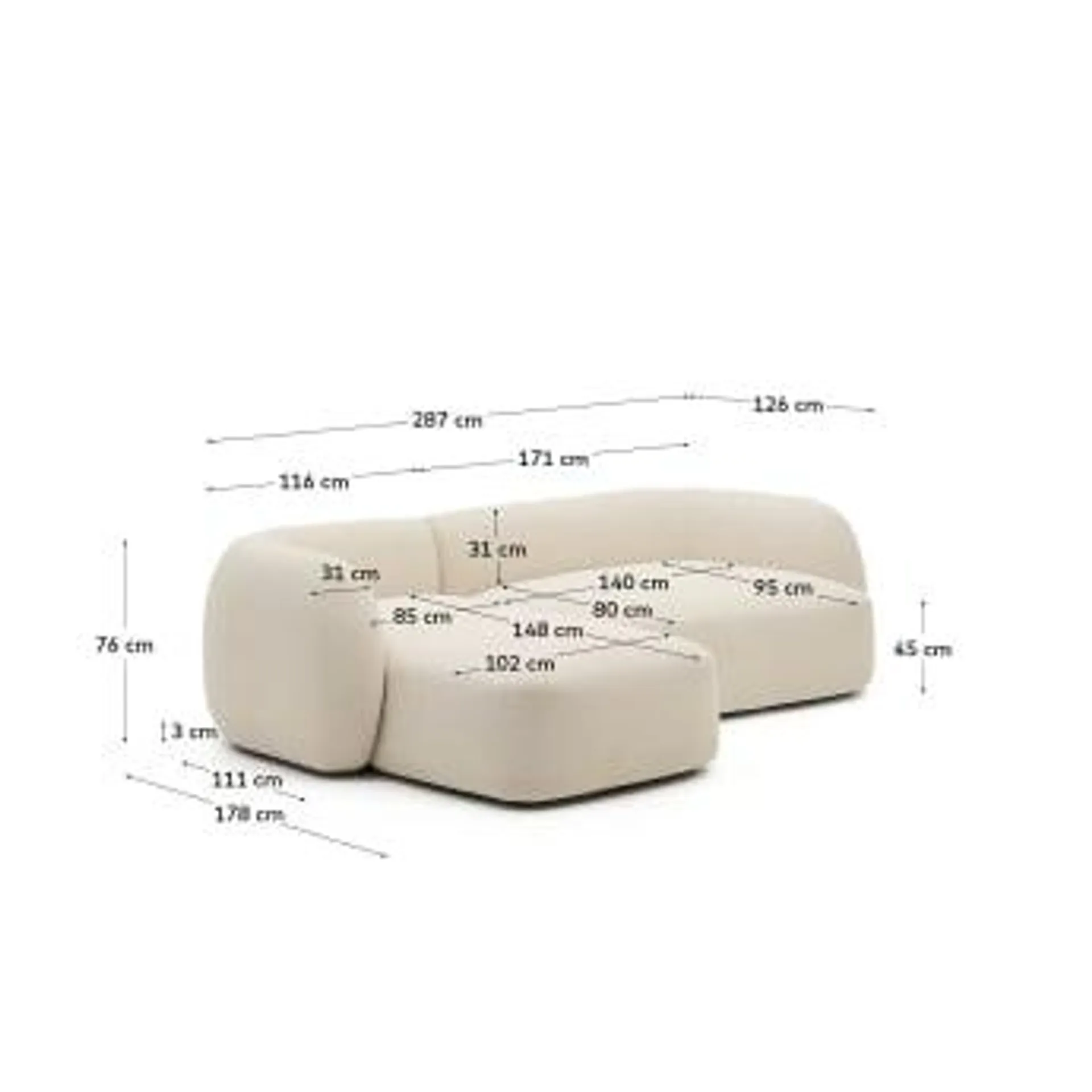 Sofá modular Martina 3 plazas de chenilla con chaise longue izquierdo crudo 287 cm