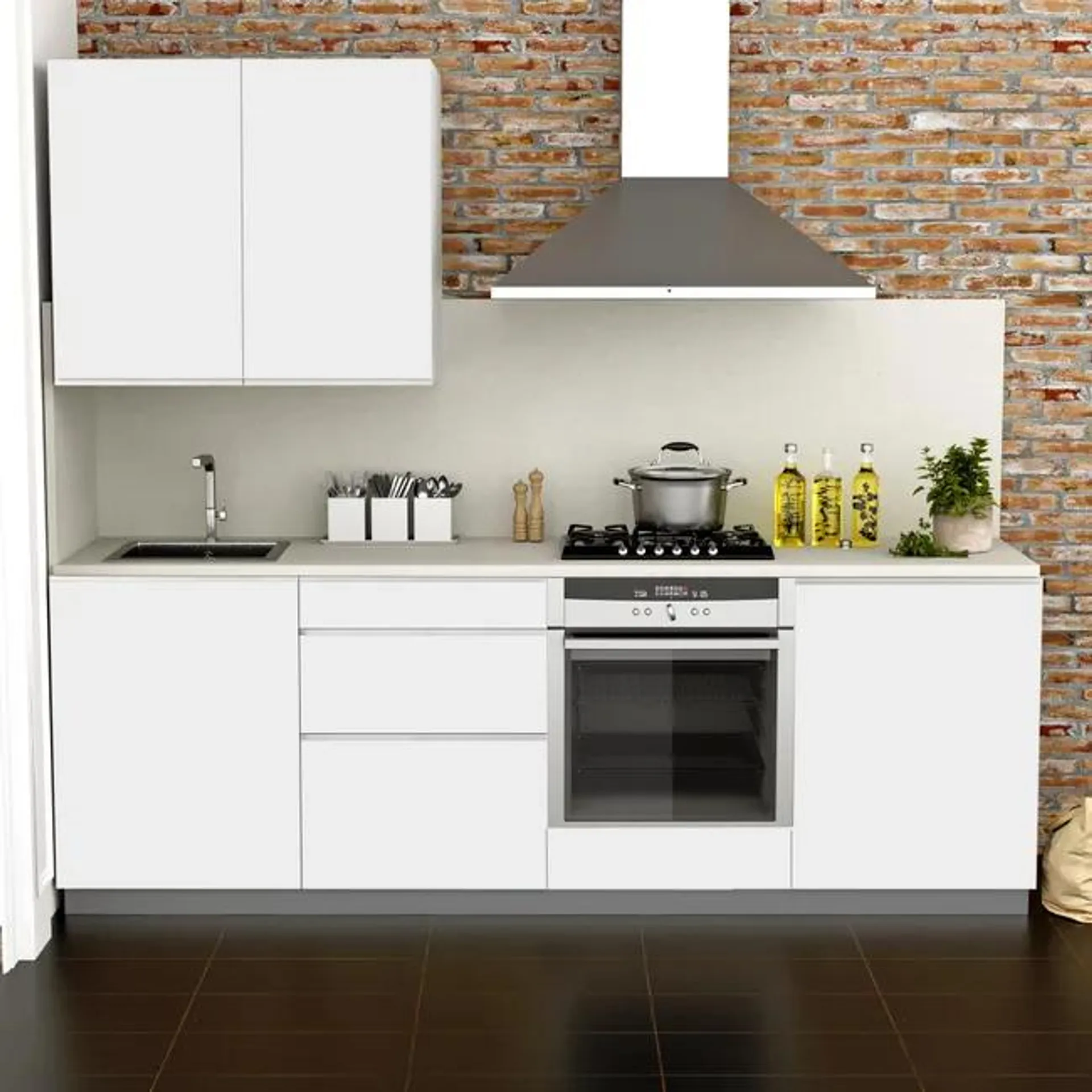 Cocina en kit Mikonos blanco 240 cm con 1 módulo alto + 4 módulos bajos