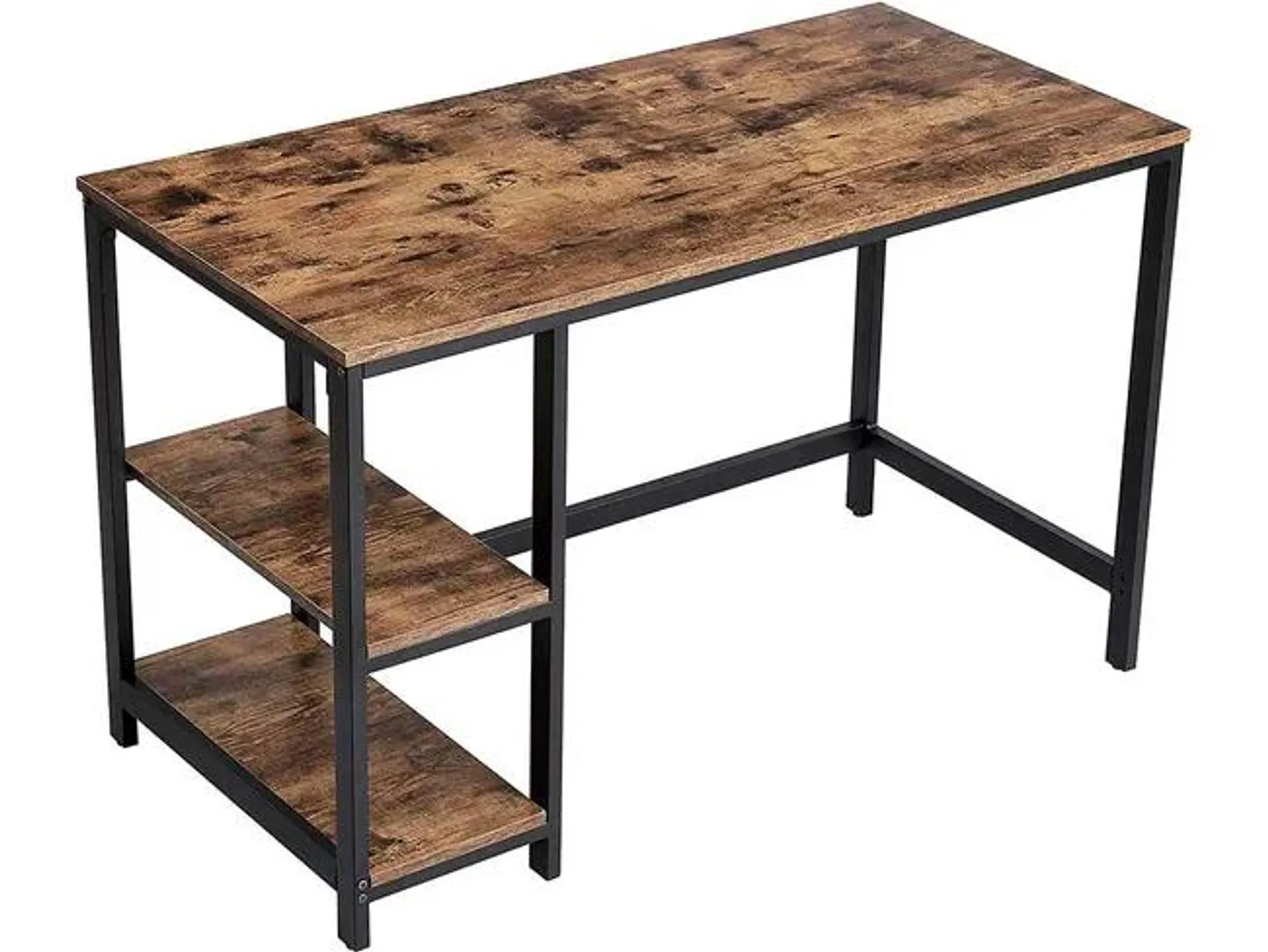 Mesa de ordenador clásica con 2 estantes inferiores, estructura metálica, fácil de montar, ideal sala de estar y dormitorio, 120x60 cm, marrón rústico