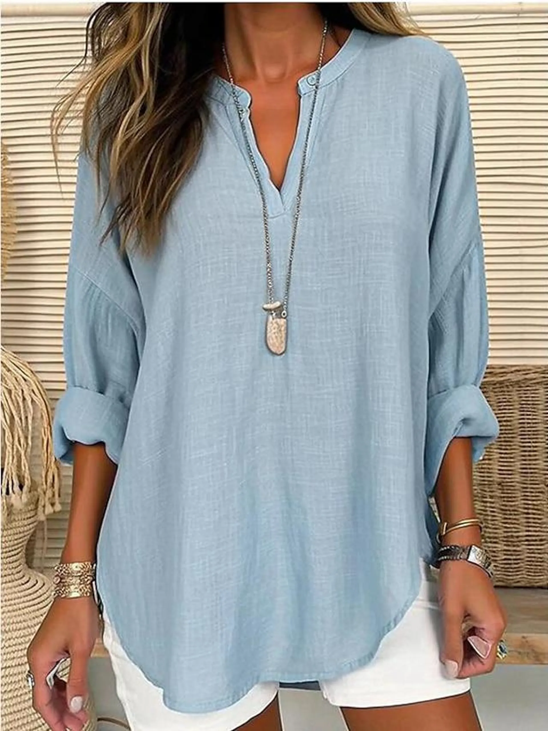 Women's Shirt Blouse Linen Plain Casual Pink Sky Blue Grey Long Sleeve Basic V Neck Regular Fit Spring Fall