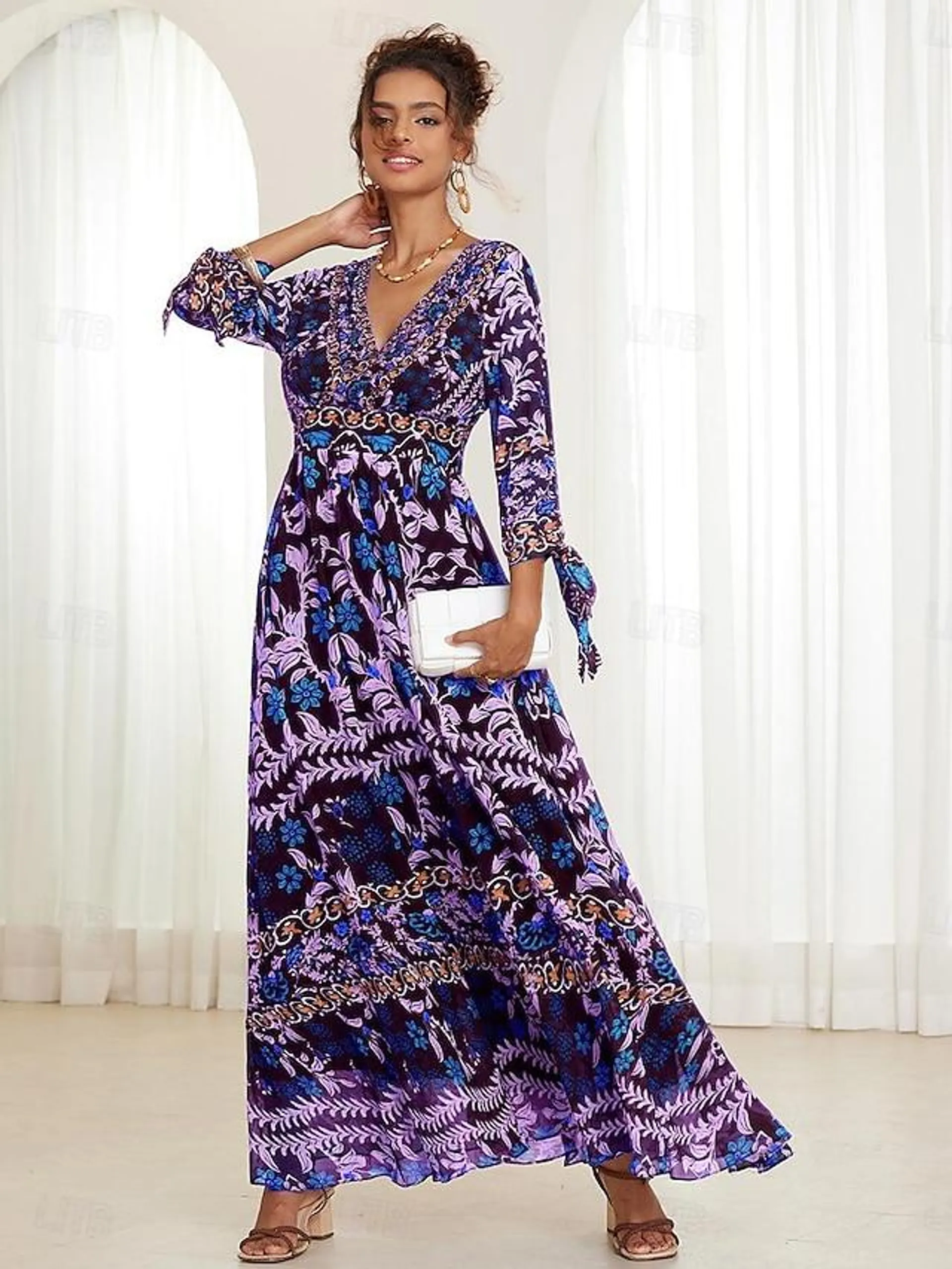 Women's Floral Ruffle Bow V Neck Puff Sleeve Maxi Dress Boho Vacation Half Sleeve Summer