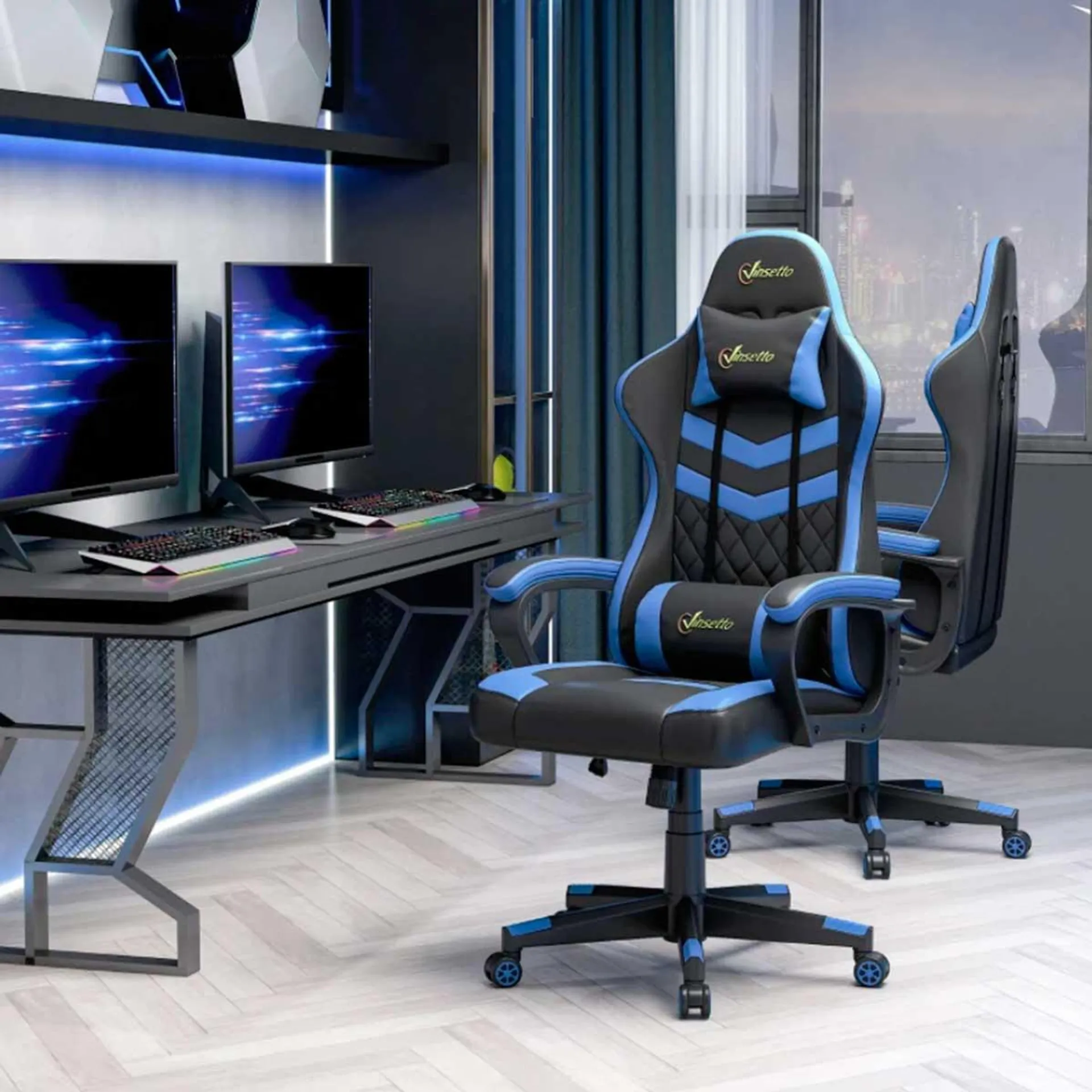 Silla gaming Vinsetto altura regulable reposacabezas cojín lumbar azul/negro 121/129x61x70 cm