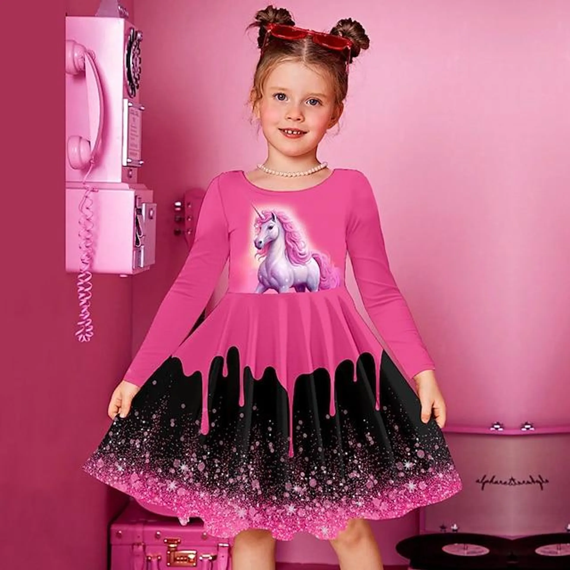 Girls ' 3D Graphic Animal Unicornio Vestido Rosa Manga Larga Impresión 3D Verano Otoño Deporte Diario Festivos Estilo lindo Casual Hermosa Niños 3-12 años Vestido informal Vestido de una línea Sobre