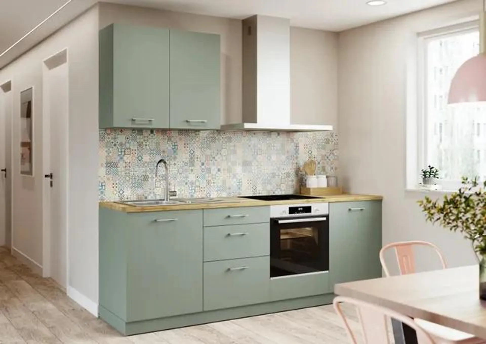 Cocina en kit Viena verde 240 cm con 1 módulo alto + 4 módulos bajos