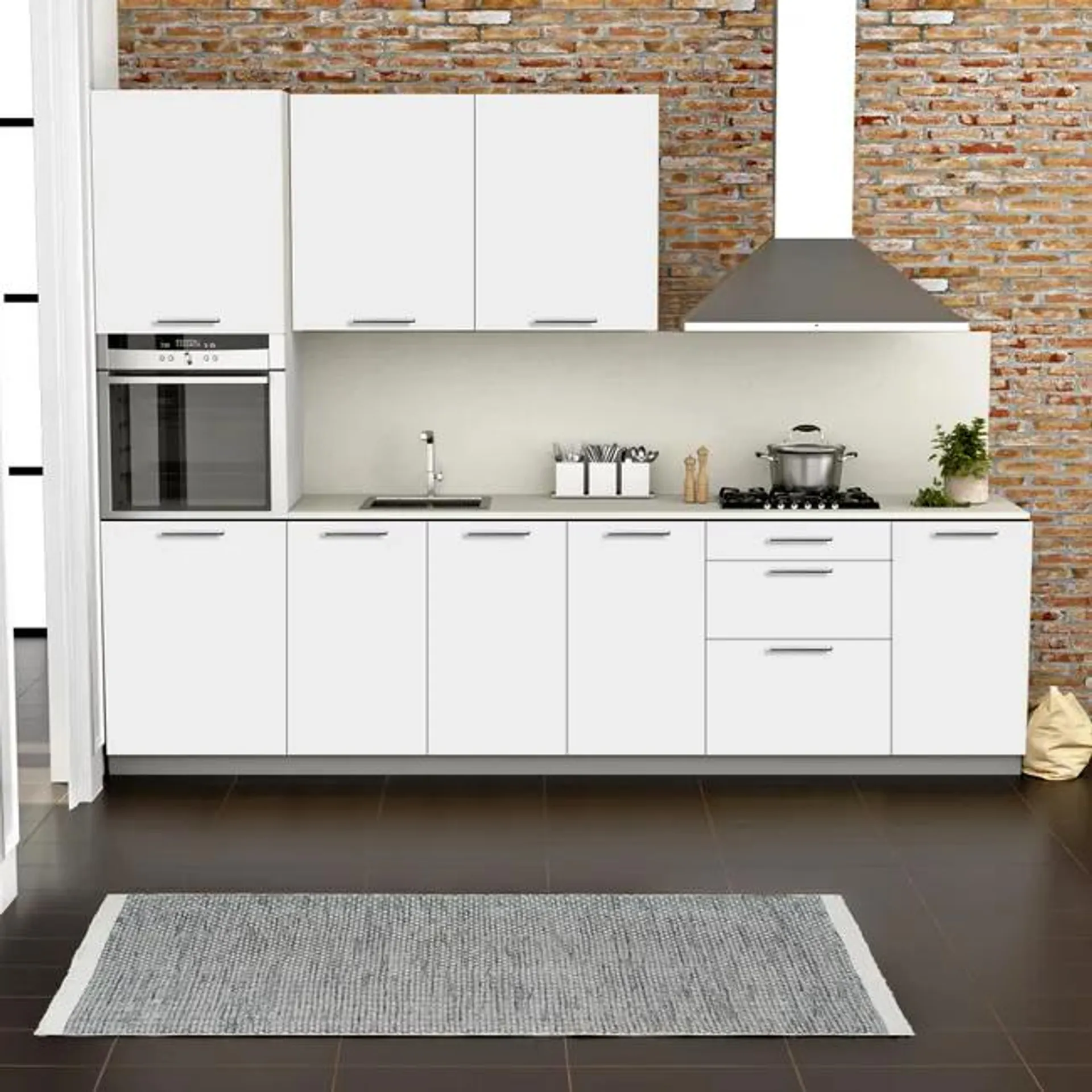 Cocina en kit Atenas blanco mate 300 cm con 1 módulo alto + 4 módulos bajos