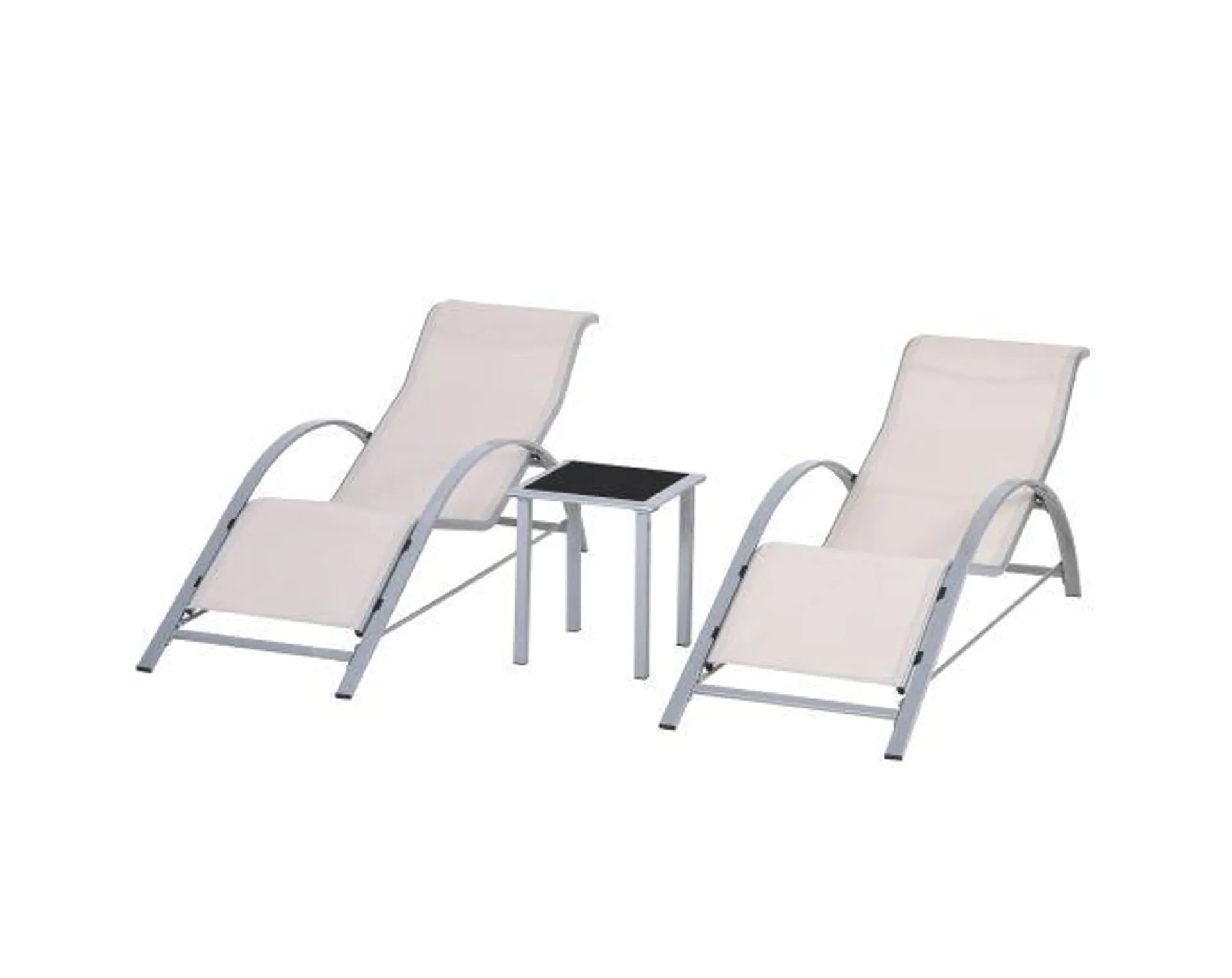 Juego de 2 tumbonas y mesa de jardín metal, textilene color beige