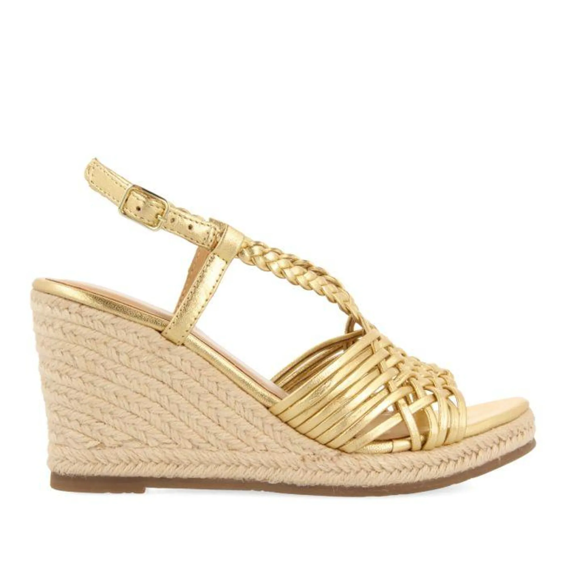 GOLDEN LEATHER SANDALS WITH STRAPS AND HIGH JUTE WEDGE FOR WOMEN GLIDE