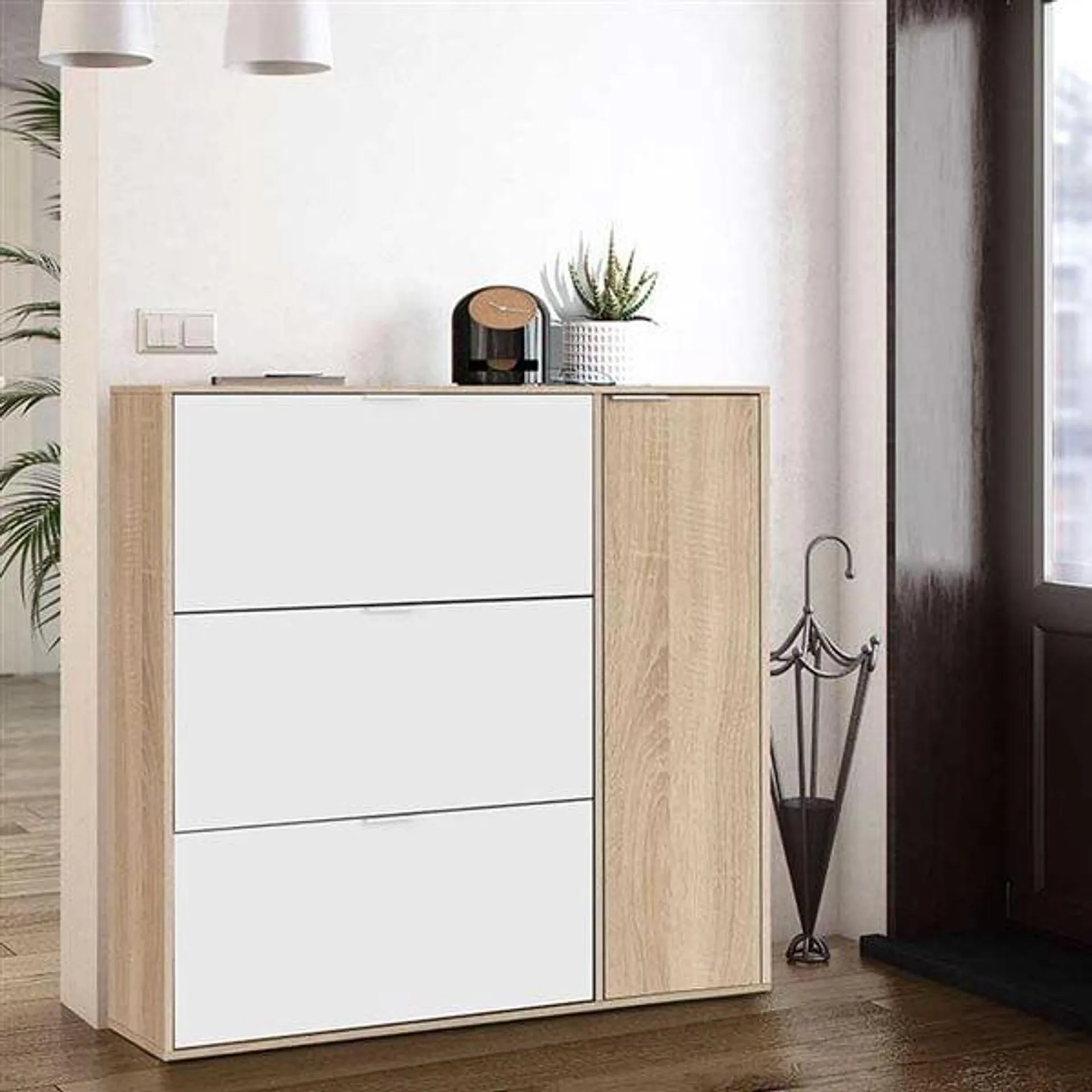 Zapatero Fifo 4 puertas roble canadian/blanco 115x106x22 cm