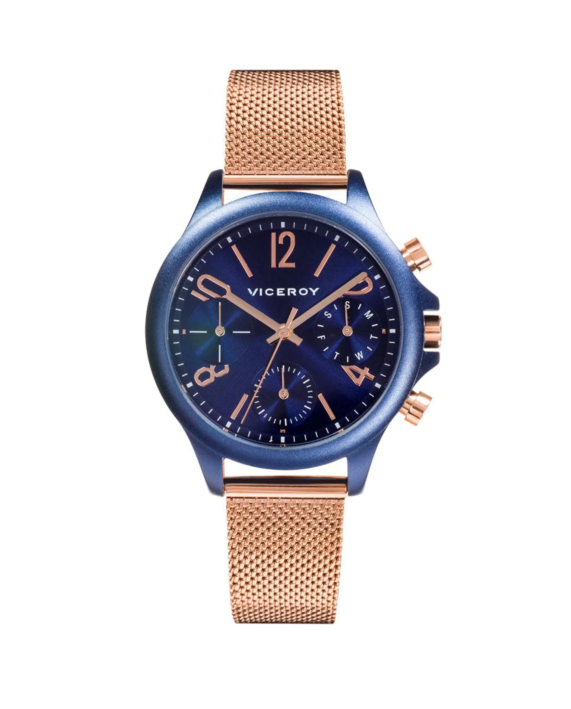 Reloj de mujer Colours multifunción de aluminio azul y correa de acero con IP rosa