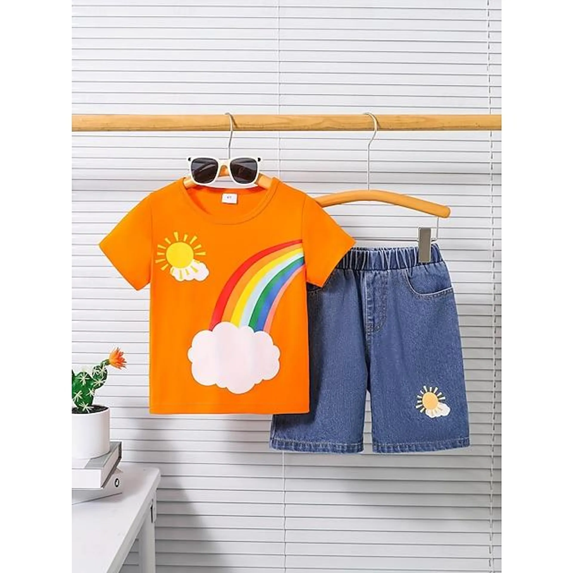 2 Piezas Bebé Chico Camiseta y Bermudas Vestimenta Nube Sol Manga Corta Bolsillo Establecer Escuela Adorable Diario Verano 3-7 años Naranja