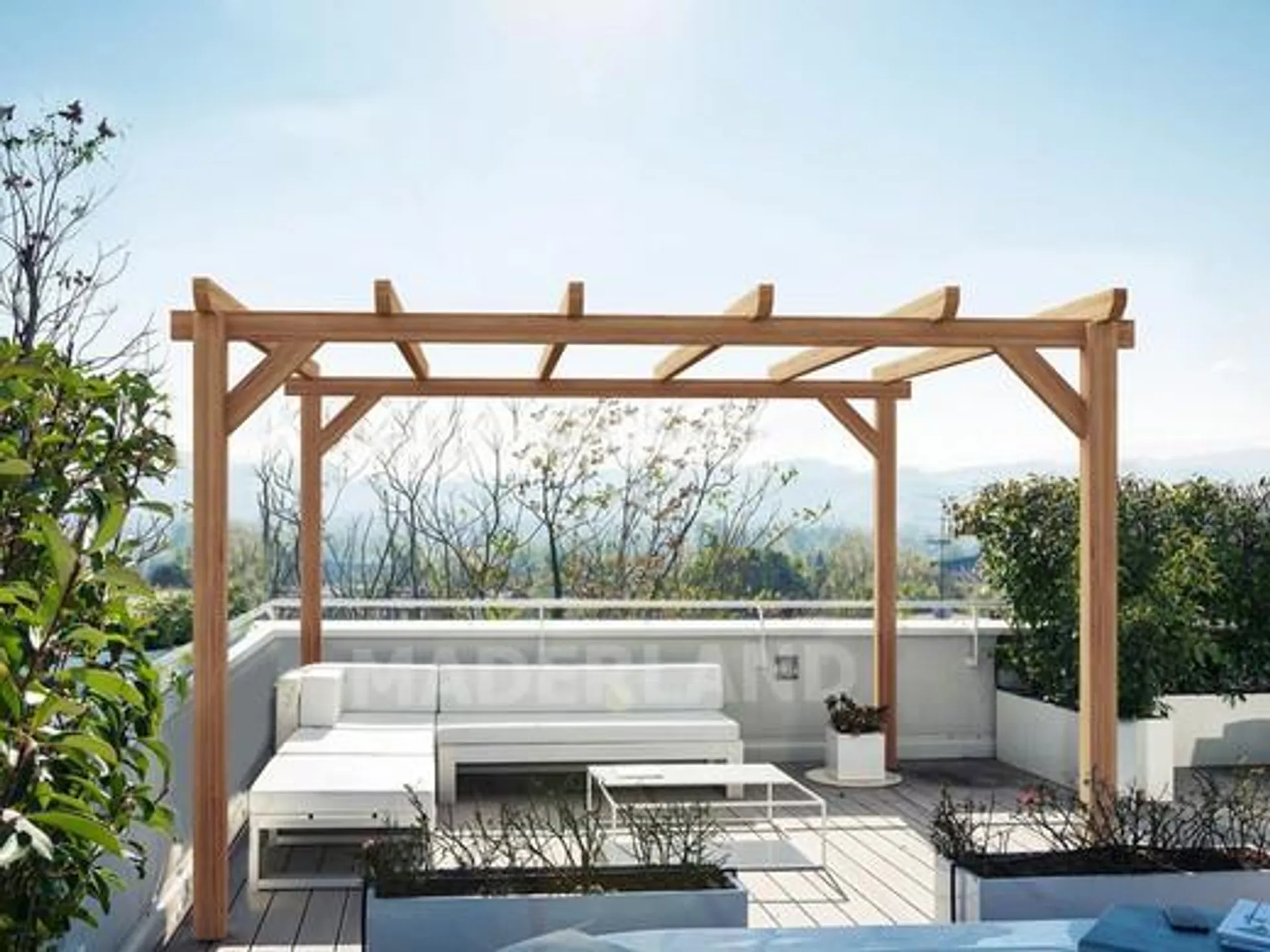 Magnífica pérgola de madera de abeto laminada con tratamiento GL24h, modelo Sitges