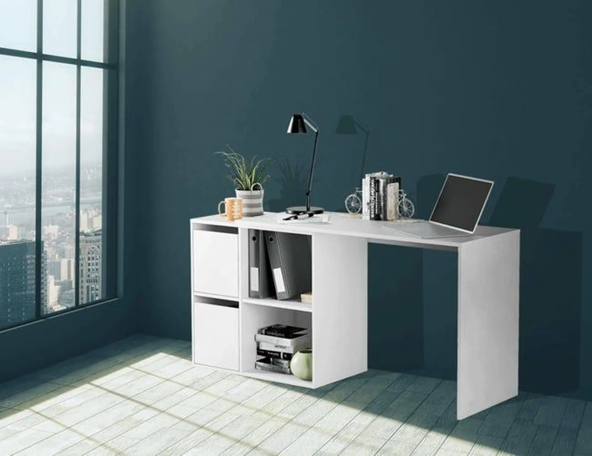 Escritorio Milwaukee, Escritorio modular con balda, Mesa de estudio u oficina de varias posiciones con montaje en esquina, 152x49h74 cm, Blanco