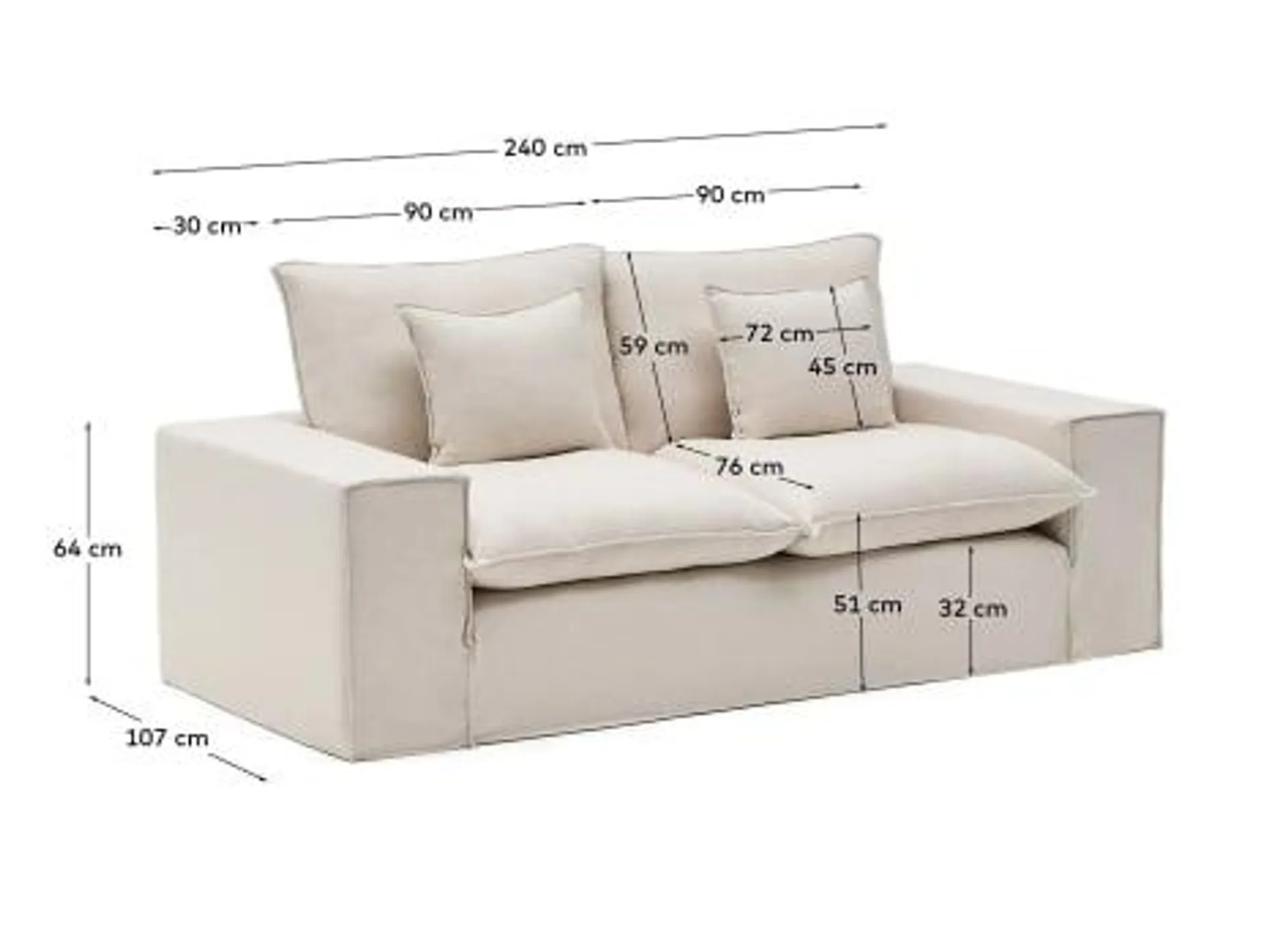 Sofá desenfundable Anarela 2 plazas con cojines de lino beige 240 cm