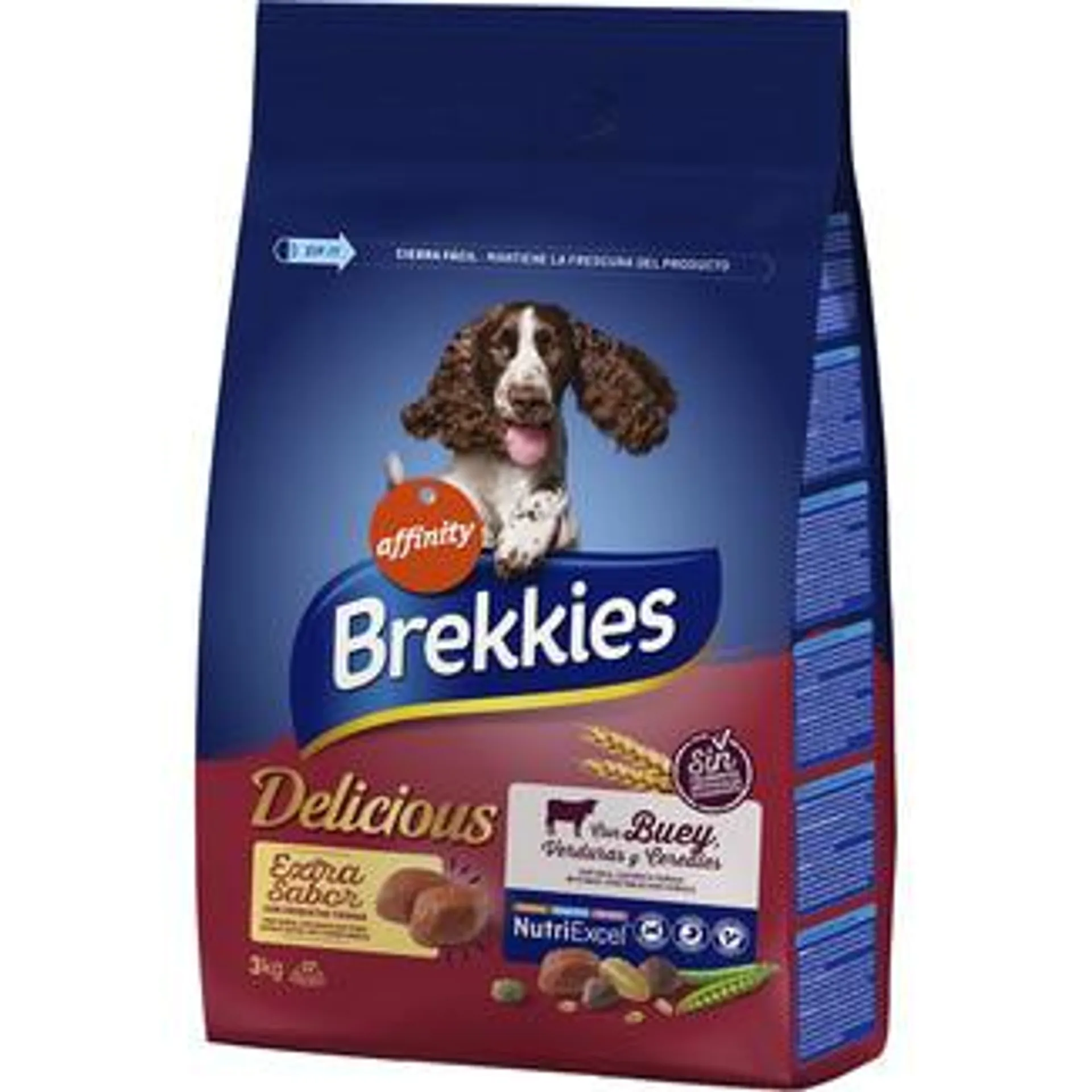 BREKKIES Delicious pienso para perros adultos con buey verduras y cereales bolsa 3 kg