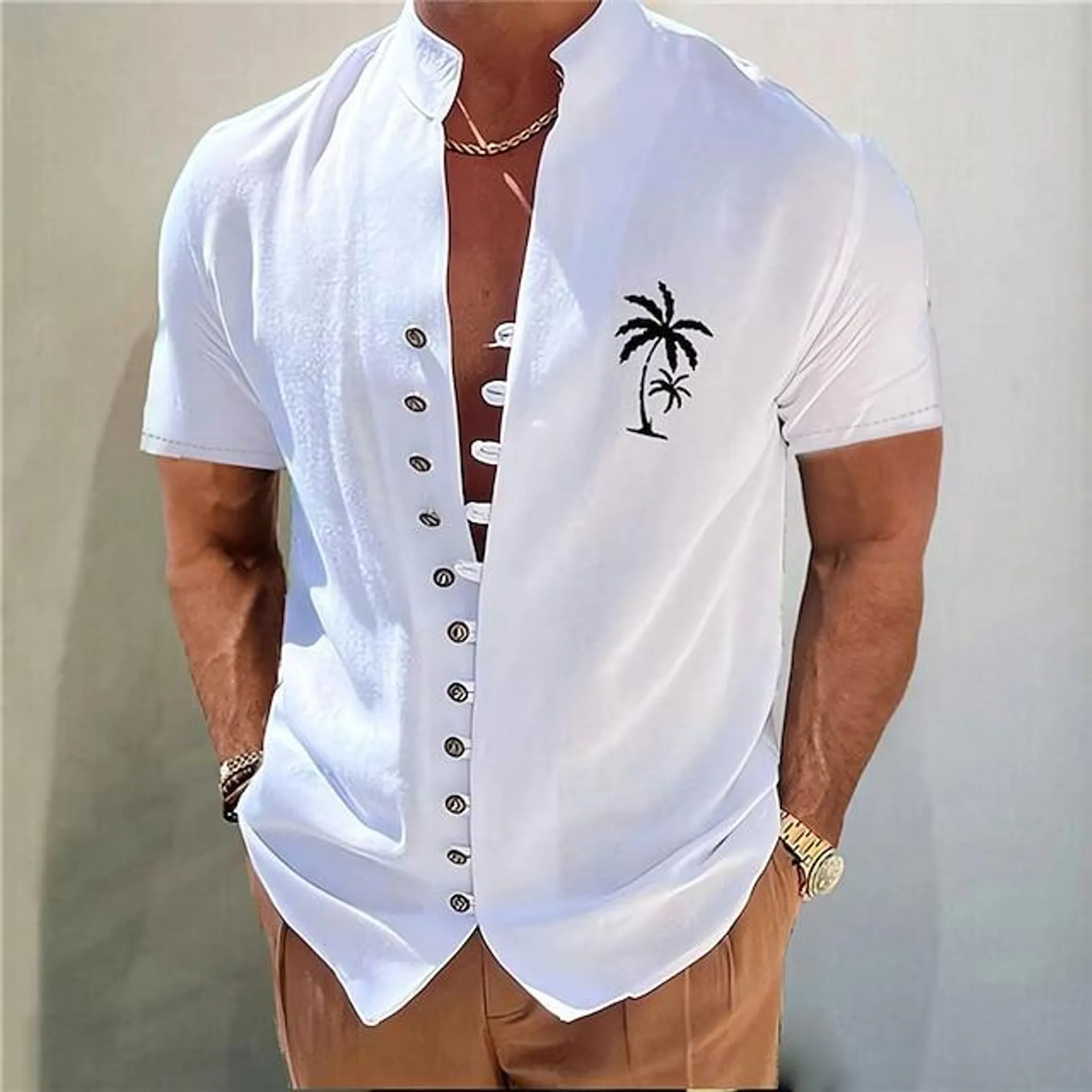 Men's Cotton Linen Shirt Coconut Tree Graphic Prints Stand Collar White Blue Khaki Gray Outdoor Street Short Sleeve Print Clothing Apparel Fashion Streetwear Designer Casual