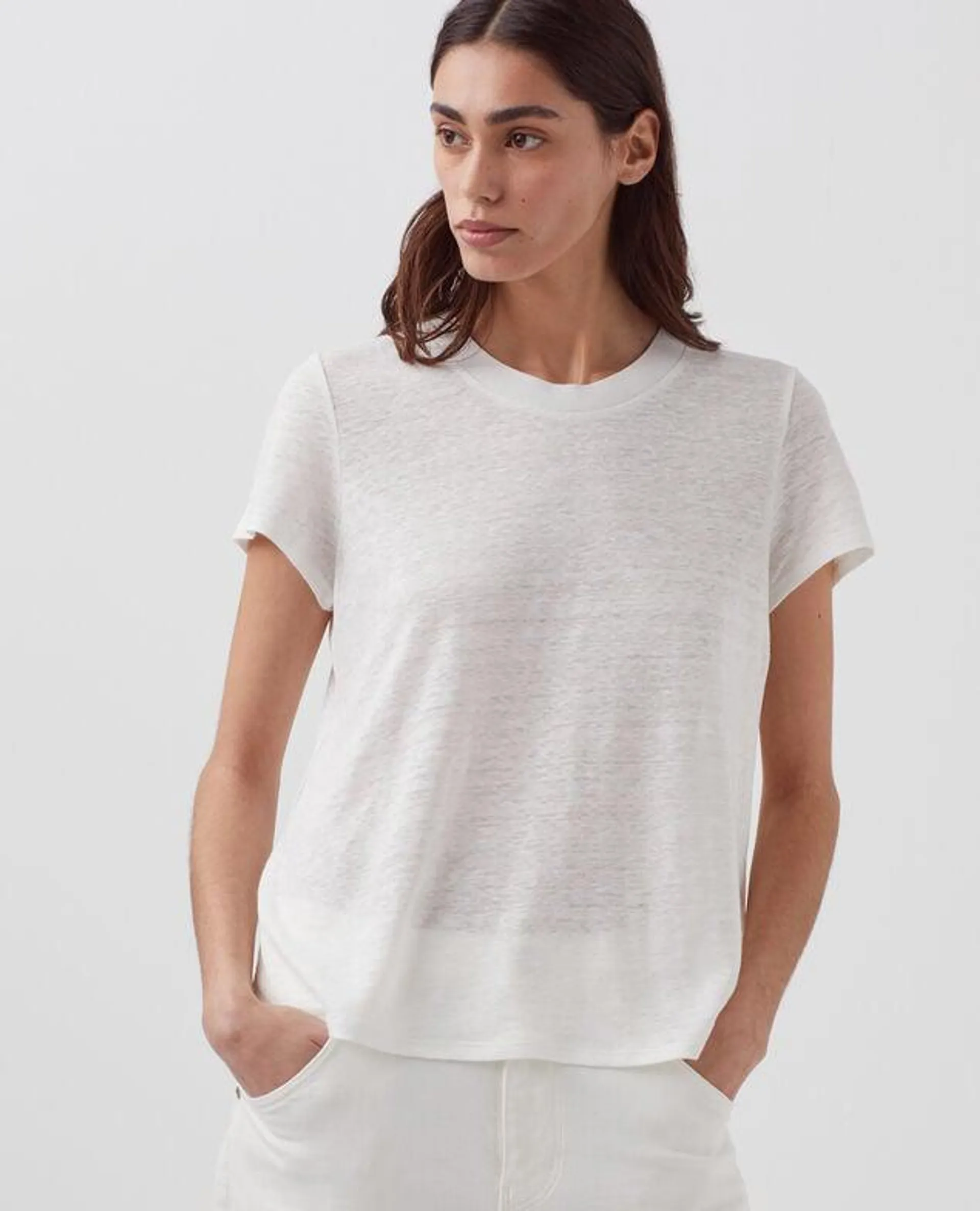 AMANDINE - Camiseta con cuello redondo de lino brillant white