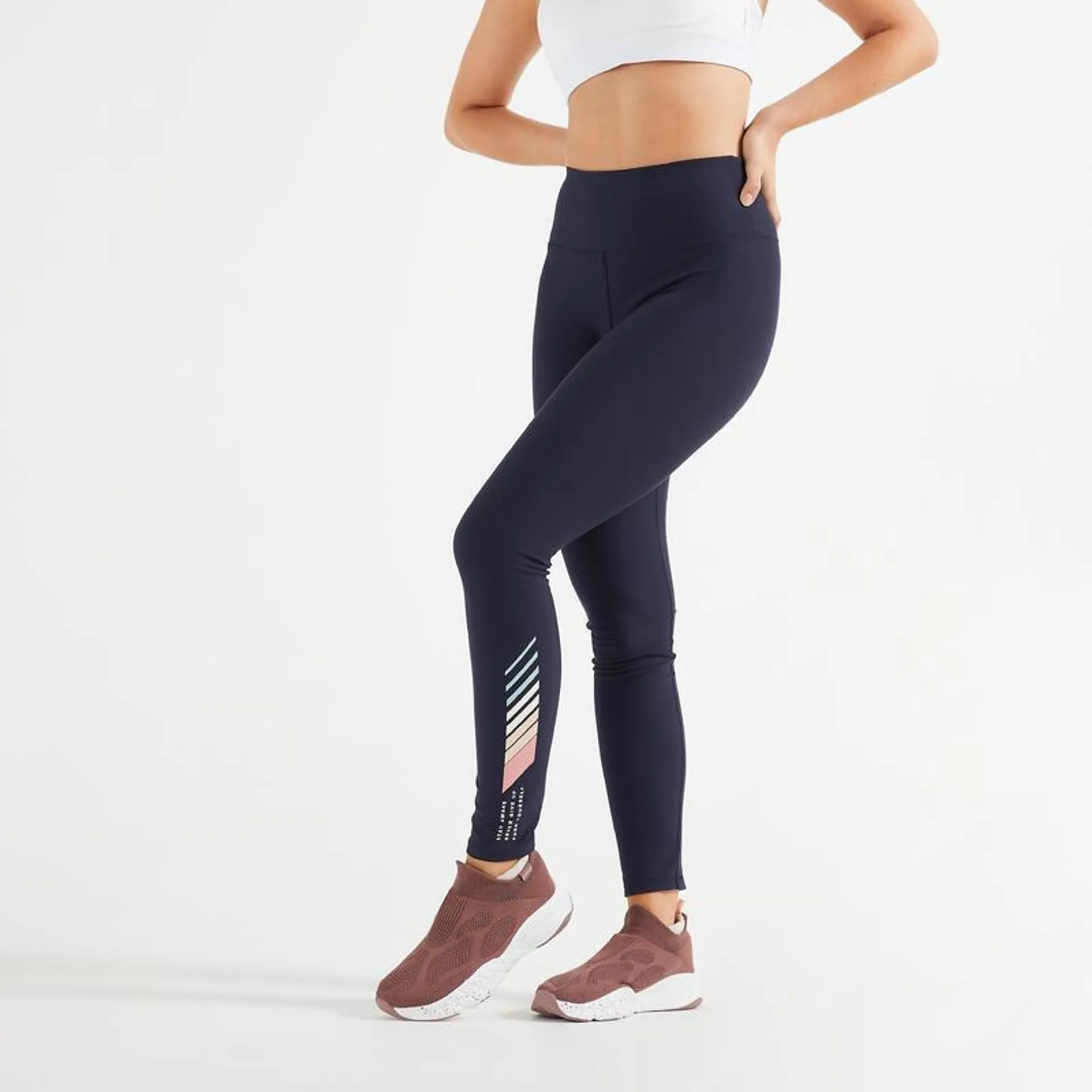 Leggings mallas fitness largas talle alto Mujer Domyos azul oscuro