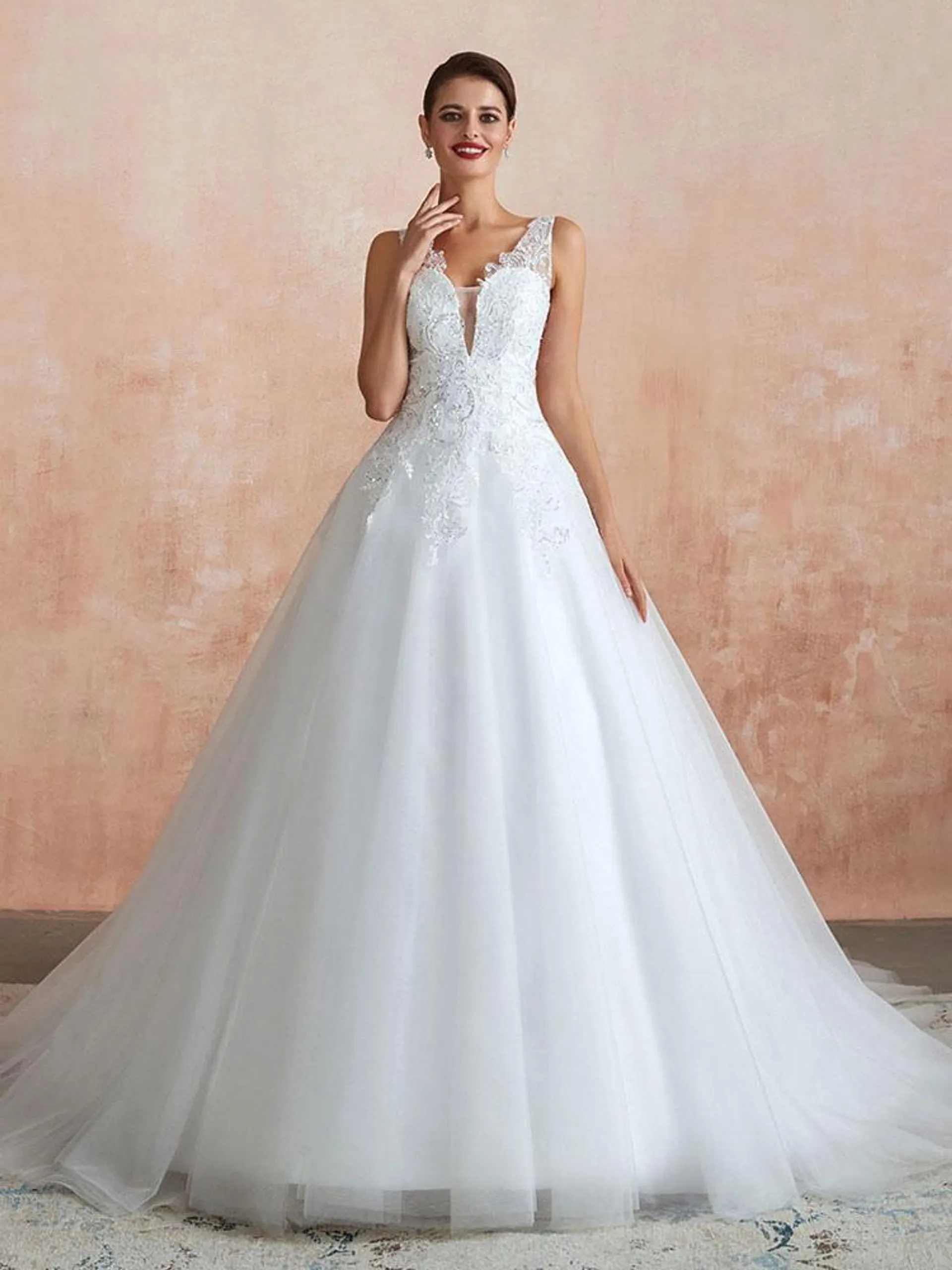 Vestido de novia 2024 Cuello en V Princesa Sin mangas Hasta el suelo Tul Vestido de novia con tren