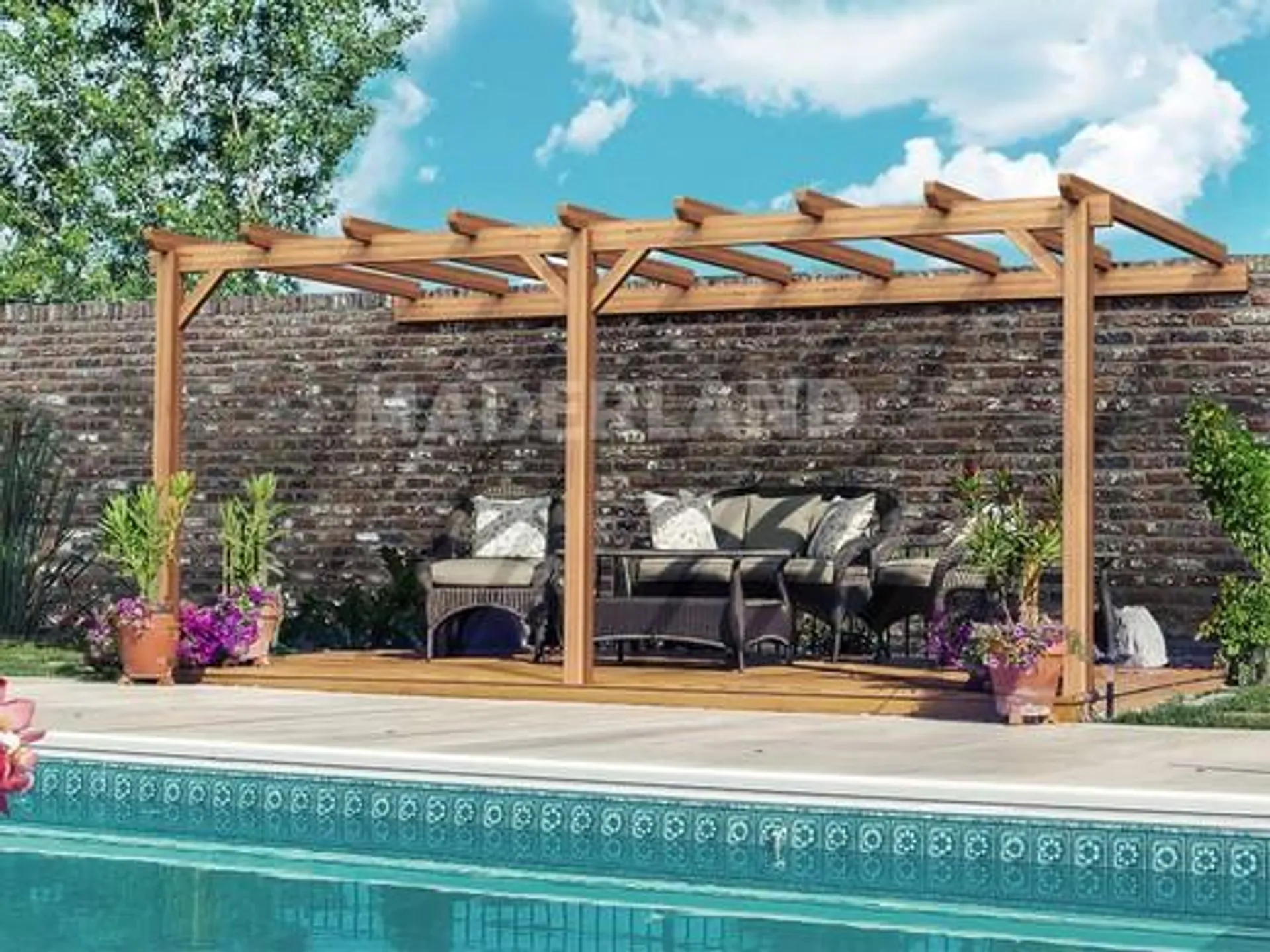 Pergola Adosada de madera Laminada PALMA Madera Laminada GL24h, que aguantan mucho mejor el paso del tiempo sin deformarse ni agrietarse.