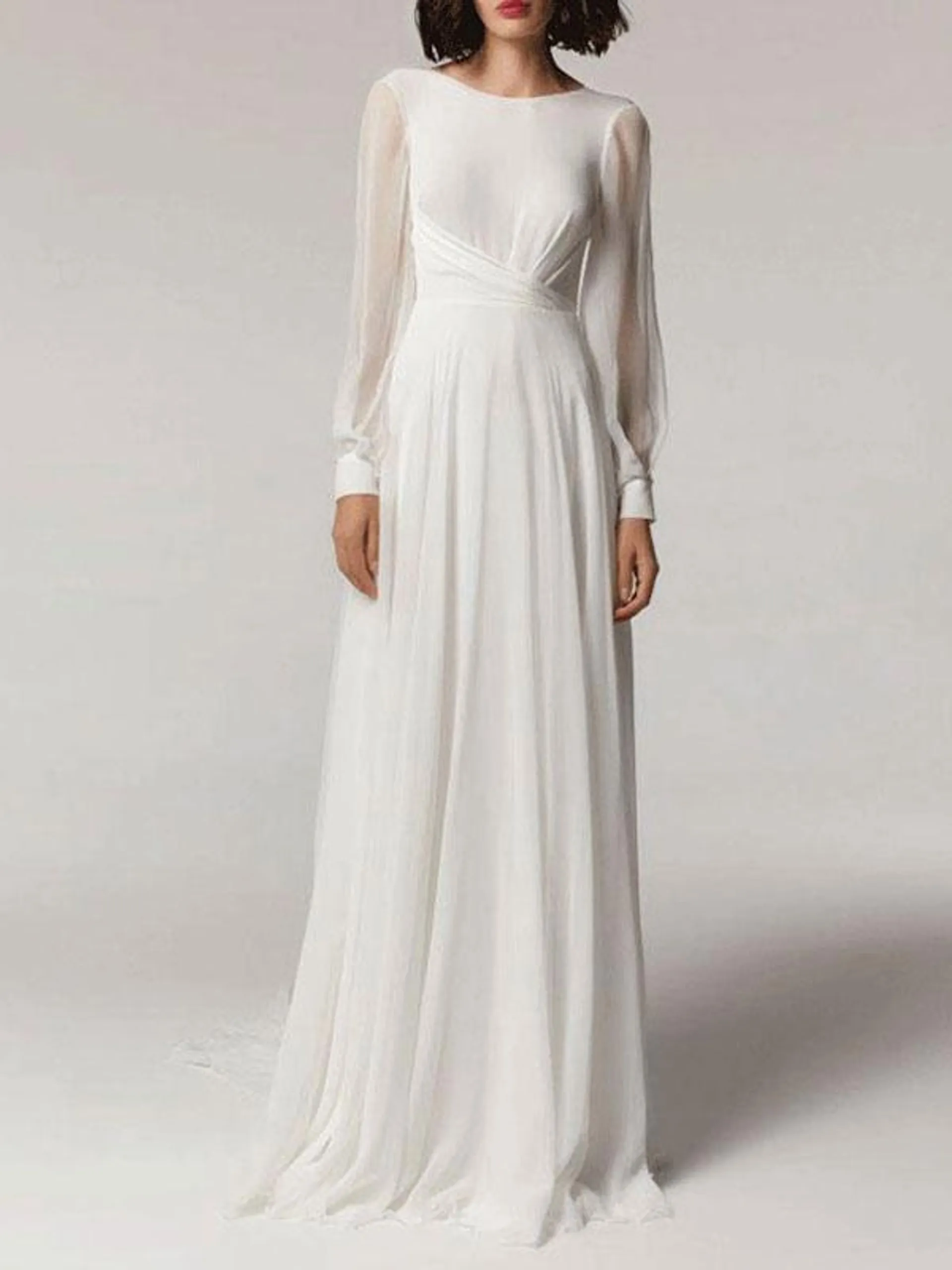 Vestido de novia simple Gasa Joya Cuello Manga larga Plisado A-Line Vestidos de novia