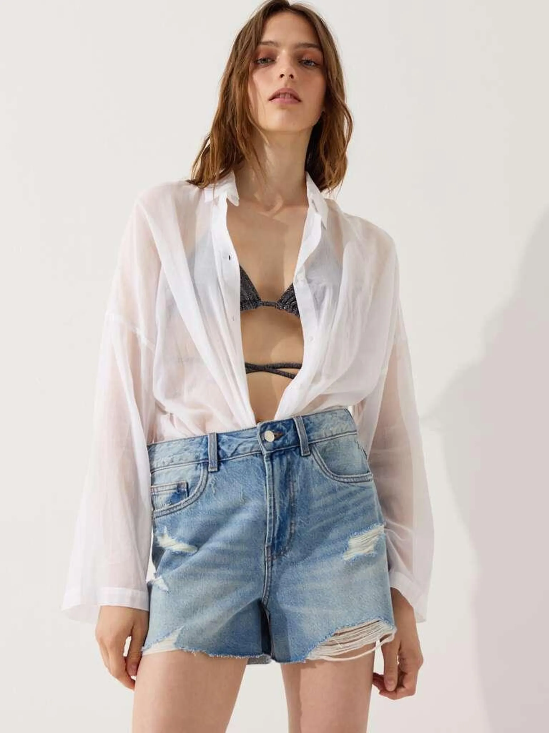 Optical White Beach cover-up shirt in cotton