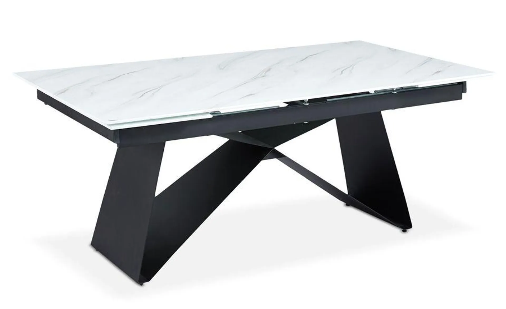 Mesa de comedor extensible Mogarie de cristal efecto mármol blanco y patas metal negras