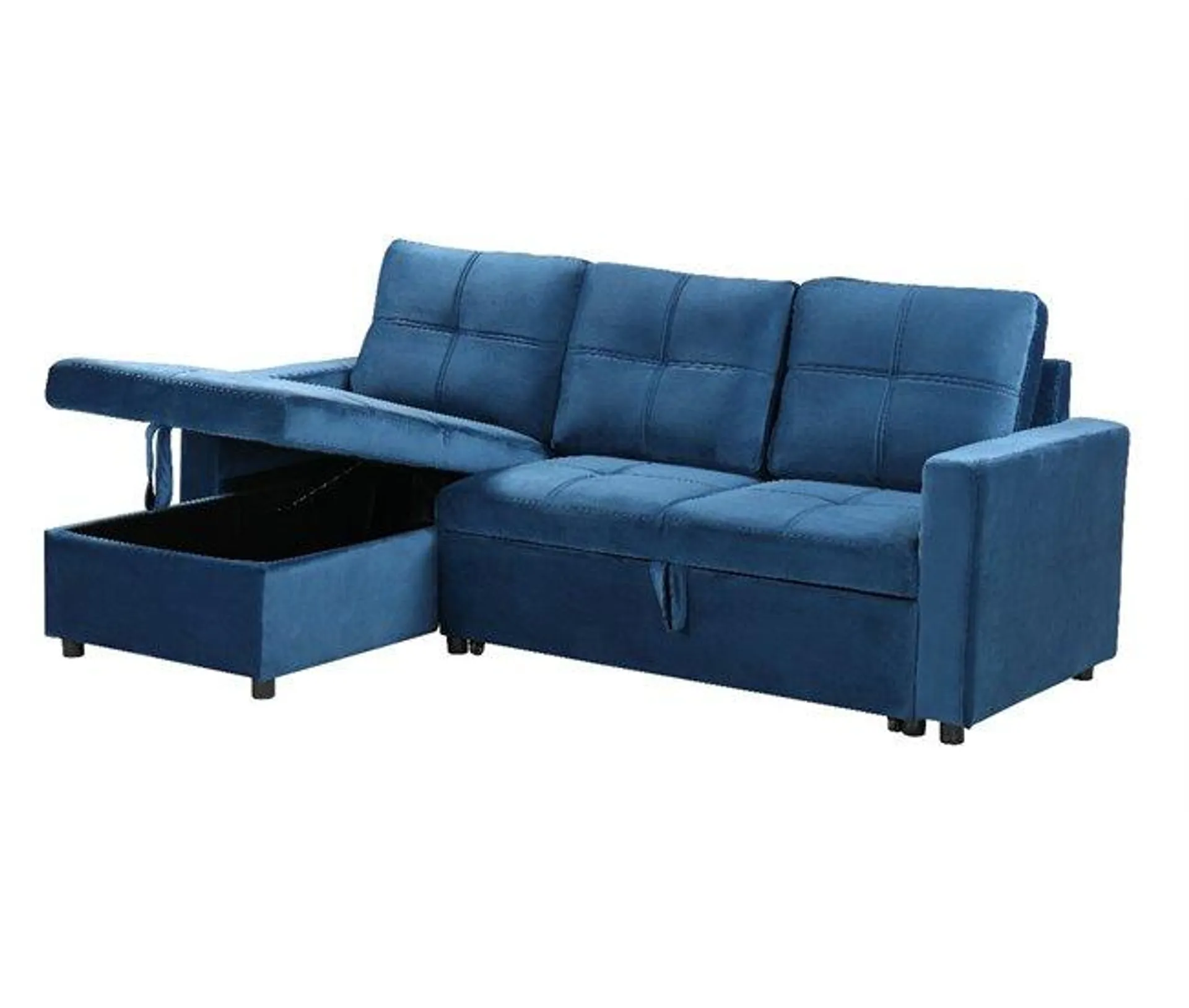 Sofá Cama Con Arcón y Chaise Longue PAU 215x135CM 3 Plazas Azul Terciopelo