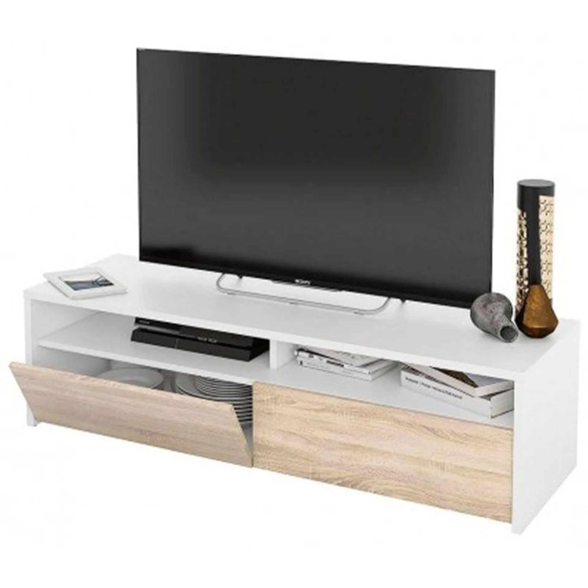 Mueble bajo de TV Kioto 2 huecos abiertos+2 compartimentos blanco artik/roble canadian 36x130x42 cm