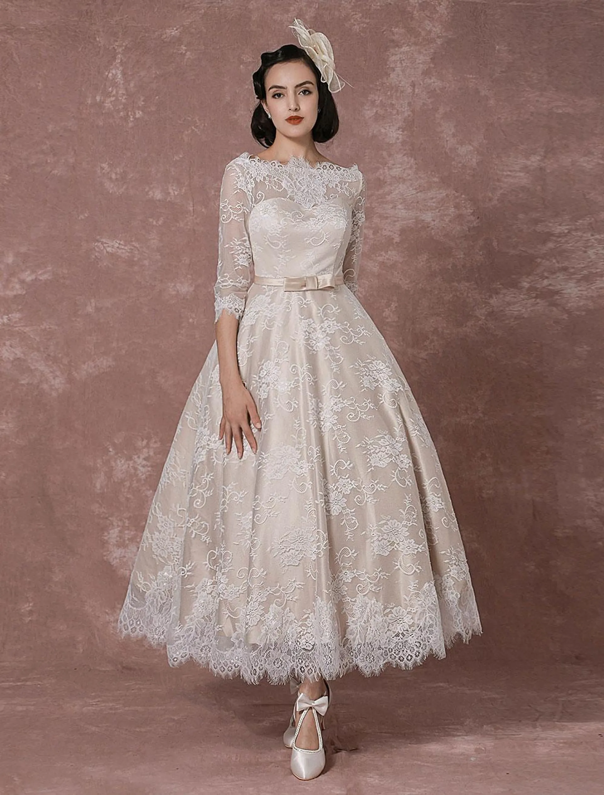 Vestido de Boda con Encaje 2024 Vintage Bateau Champán Manga Media Vestido Bridal A Línea sin Espalda Tea Longitud Fajín Falda Bridal de Recepción Milanoo