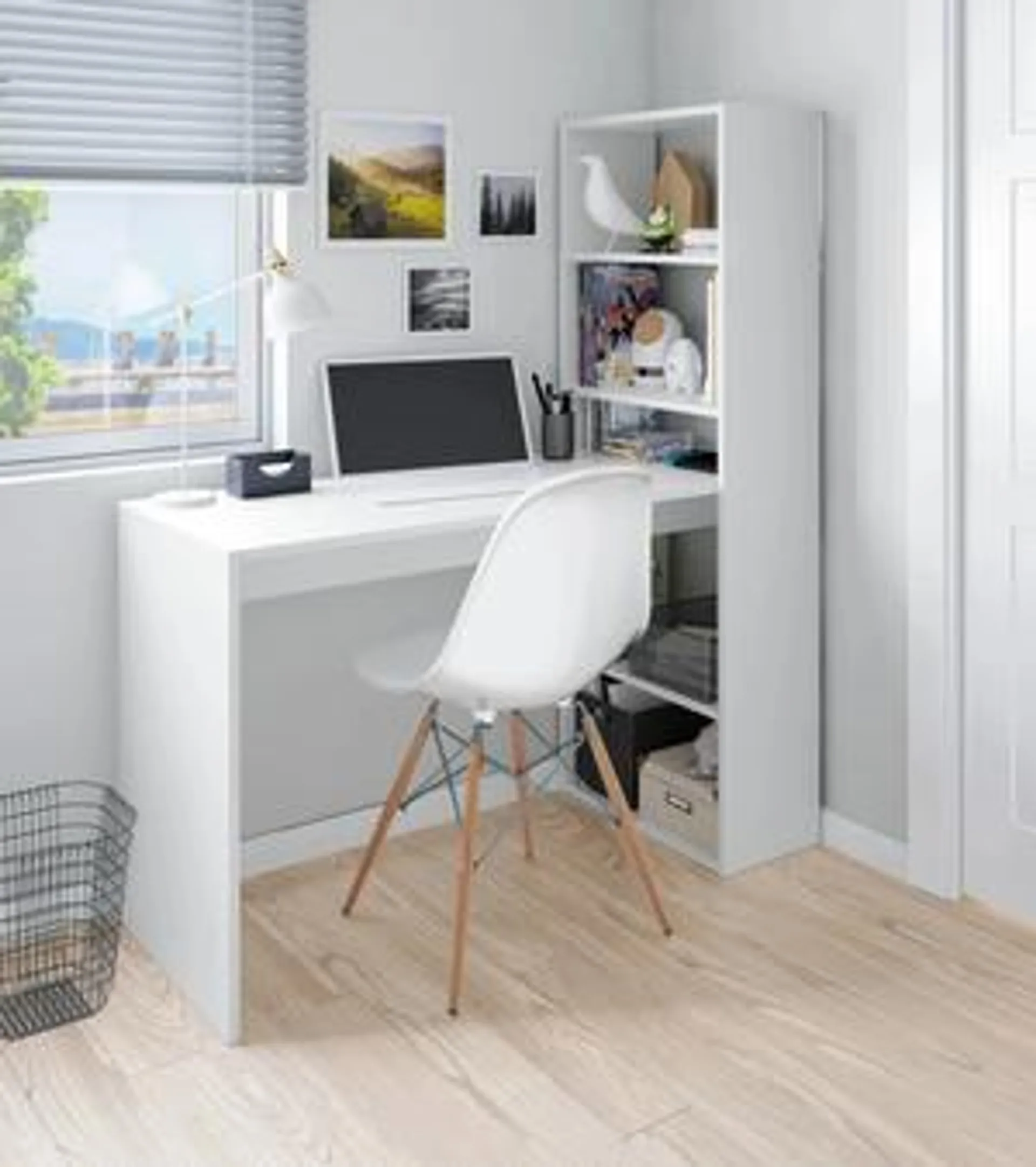 Meyvaser - Mesa de Ordenador, Mesa Escritorio con Estanteria Reversible, Medidas: 122 cm (Ancho) x 50 cm (Fondo) x 140 cm (Alto) Color Blanco