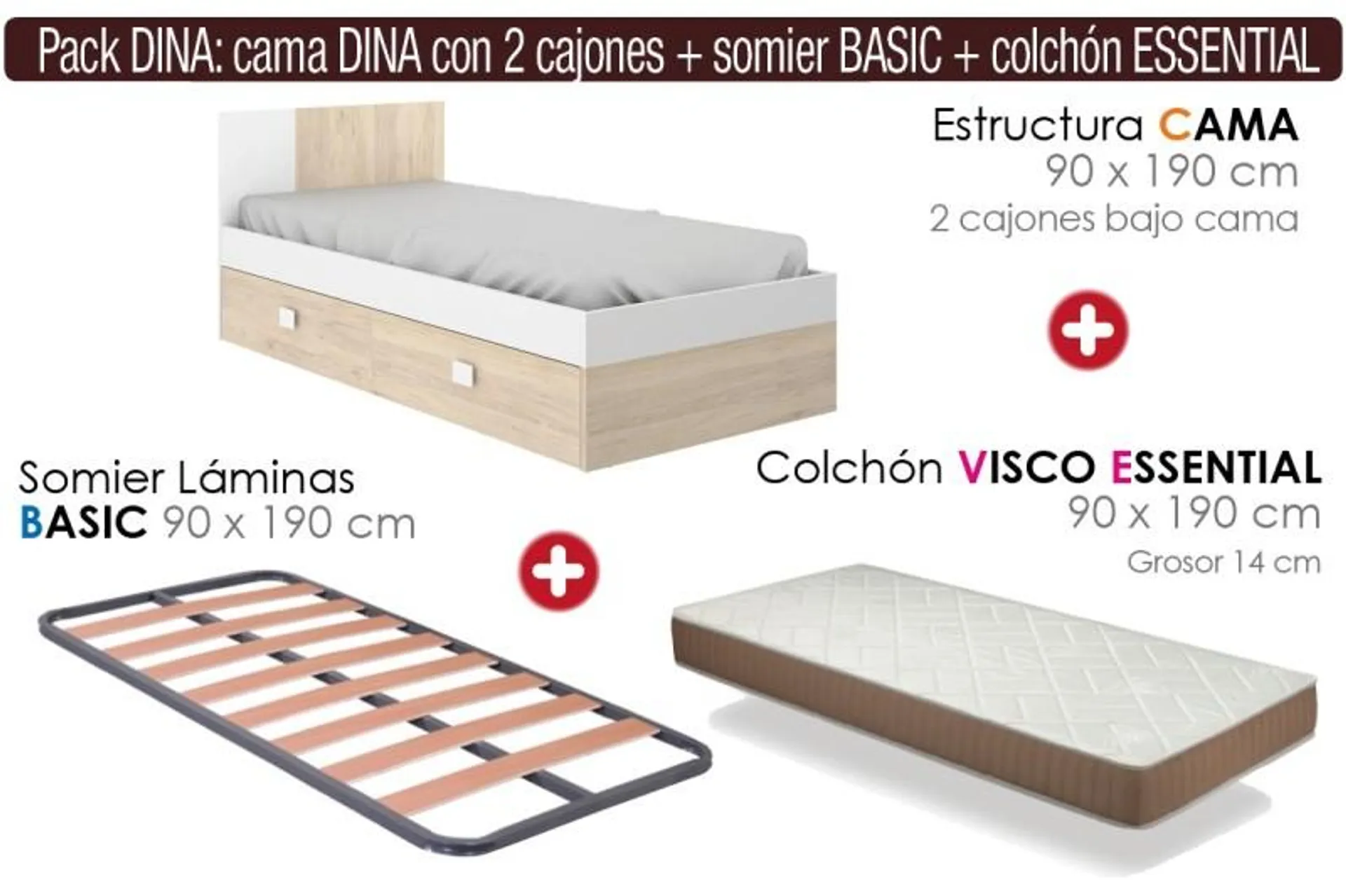 Pack AHORRO Cama DINA + Cajones + Somier + Colchón Visco ESSENTIAL 90x190