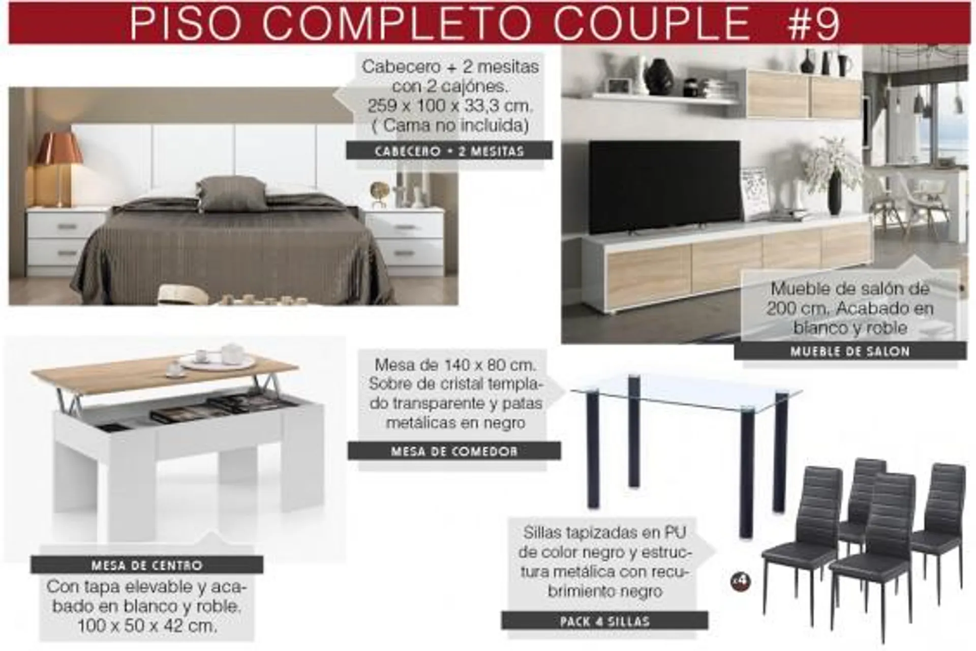 Piso completo 9 - COUPLE (Pack Mesa cristal + 4 Sillas Yuri Negras)