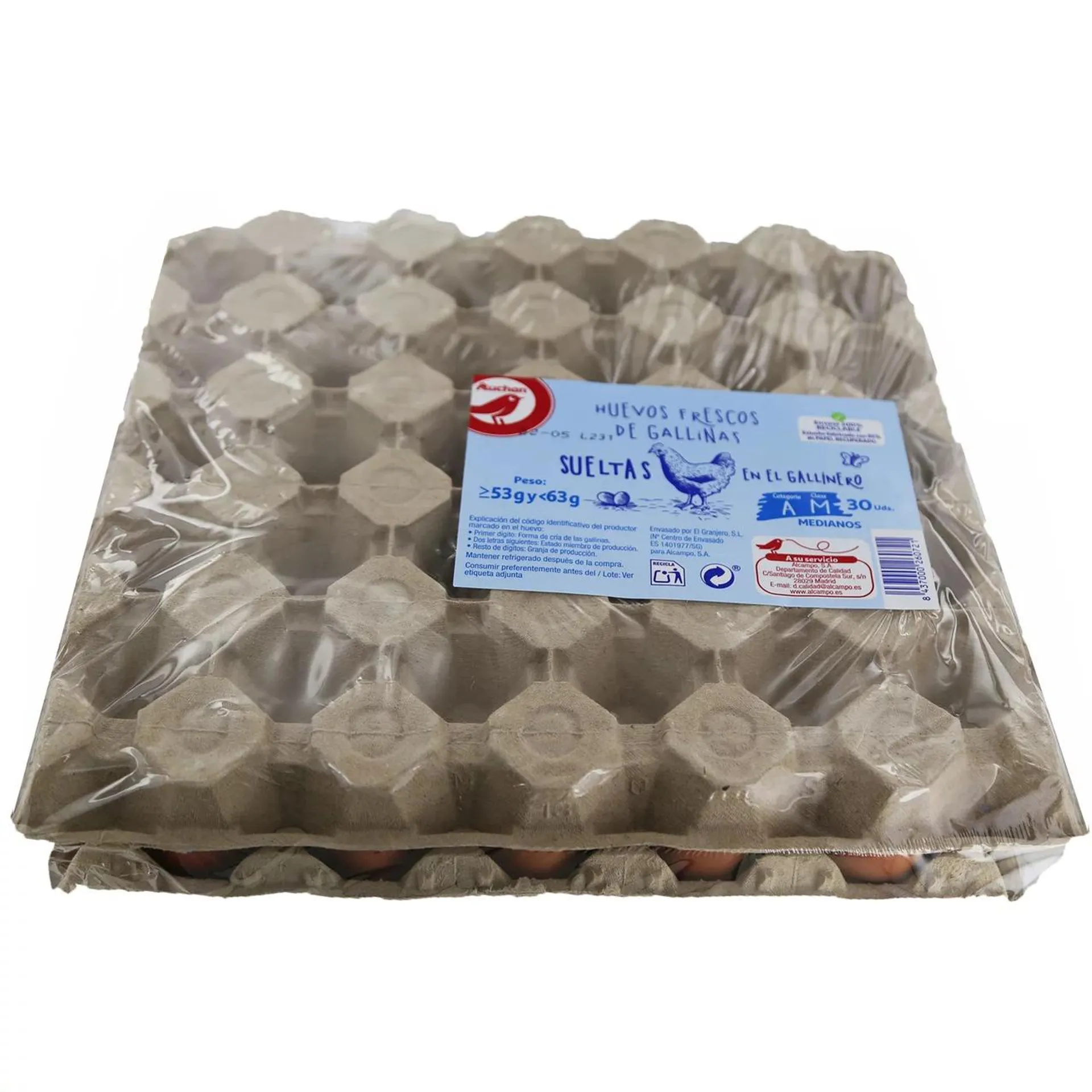 AUCHAN Huevos de gallinas sueltas en el gallinero clase M y cat. A 30 uds. Producto Alcampo