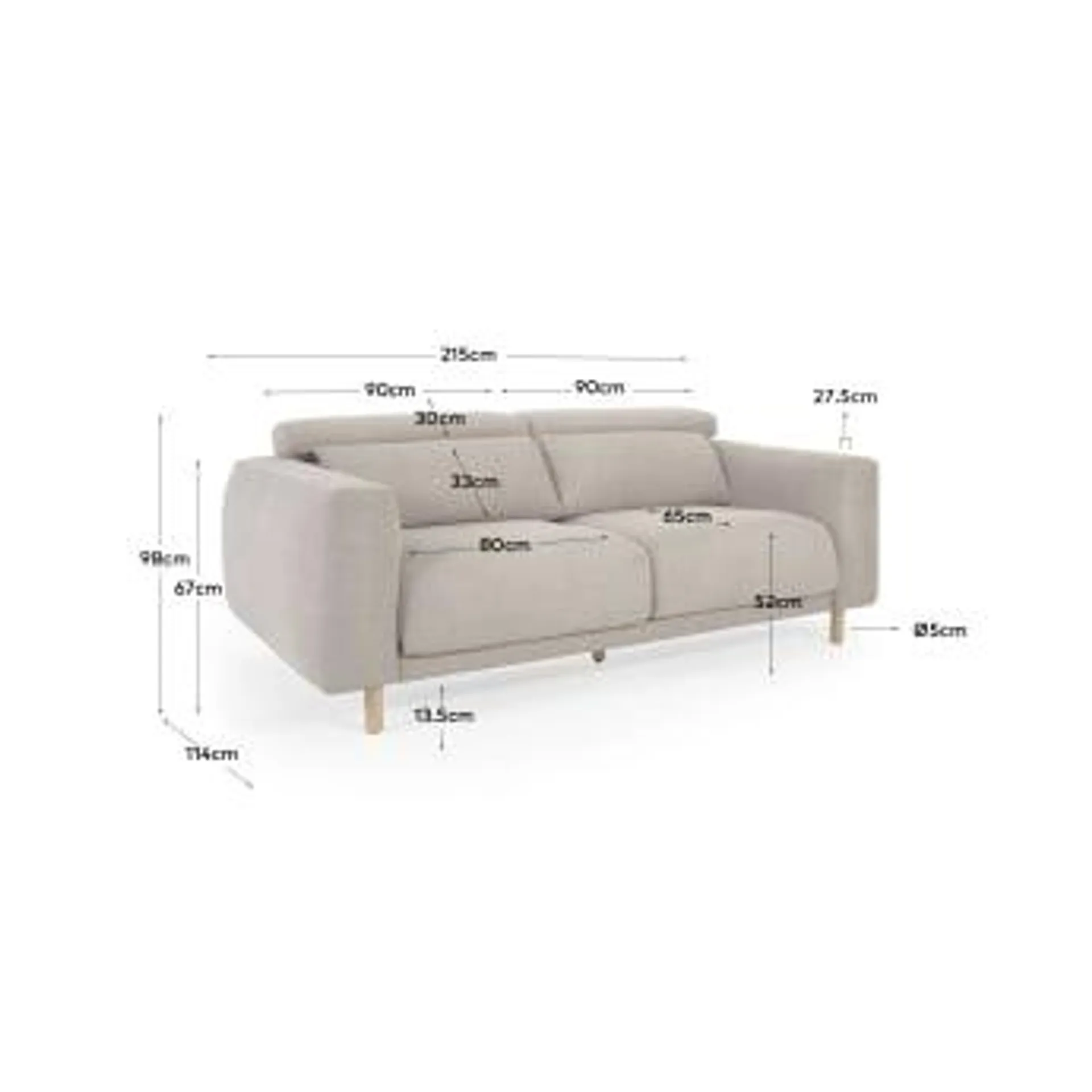 Sofá Singa 3 plazas con cabecero reclinable y asiento extensible beige 215 cm