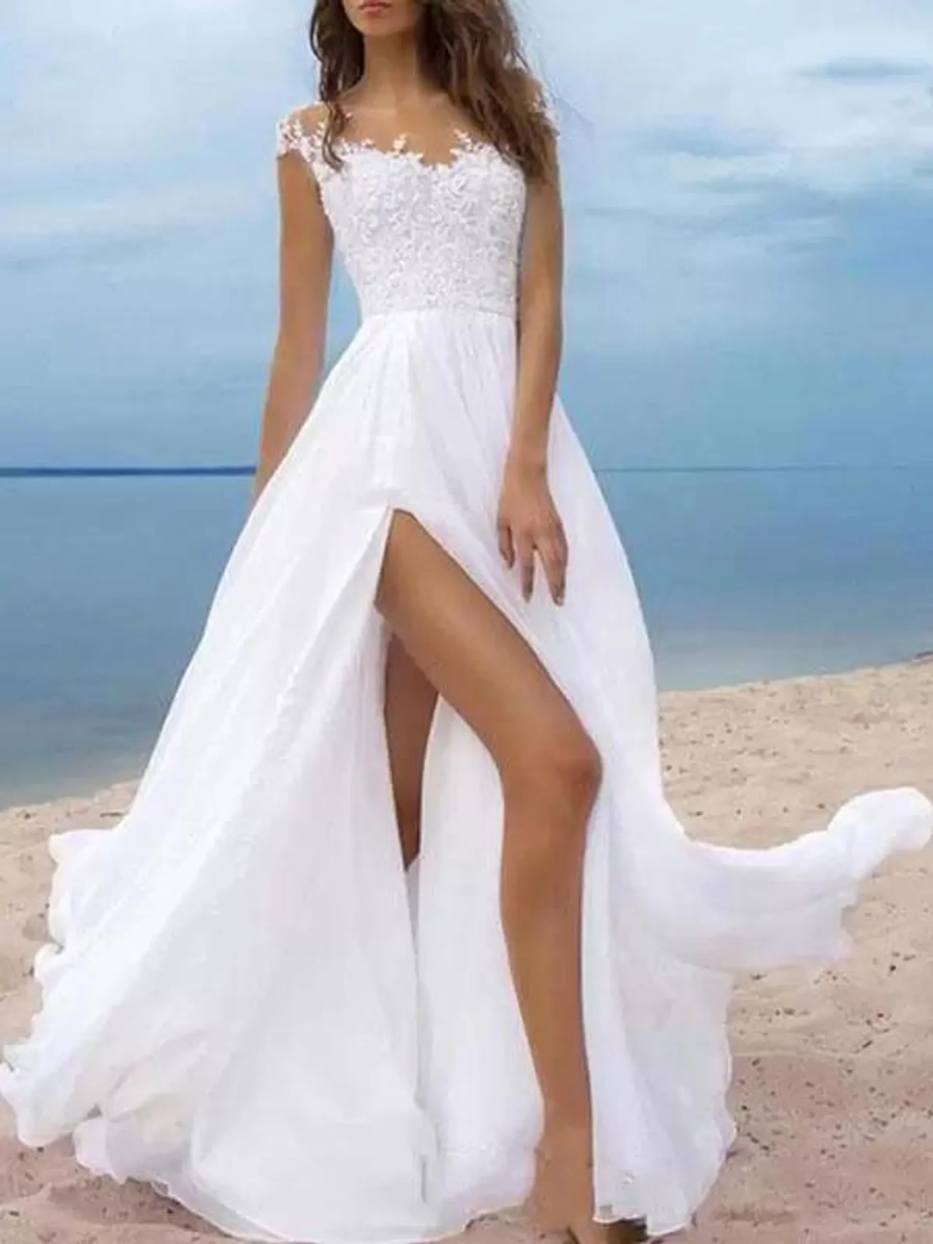 Boho Vestidos de novia 2024 Chifón Escote en V Manga corta línea A Split Frente Vestidos de novia para boda en la playa