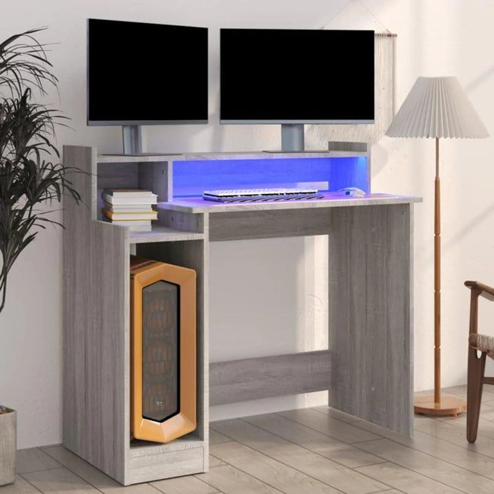 Mesa de Escritorio | | Escritorio de despacho | Escritorio con LED madera contrachapada gris sonoma 97x45x90 cm CFW612781