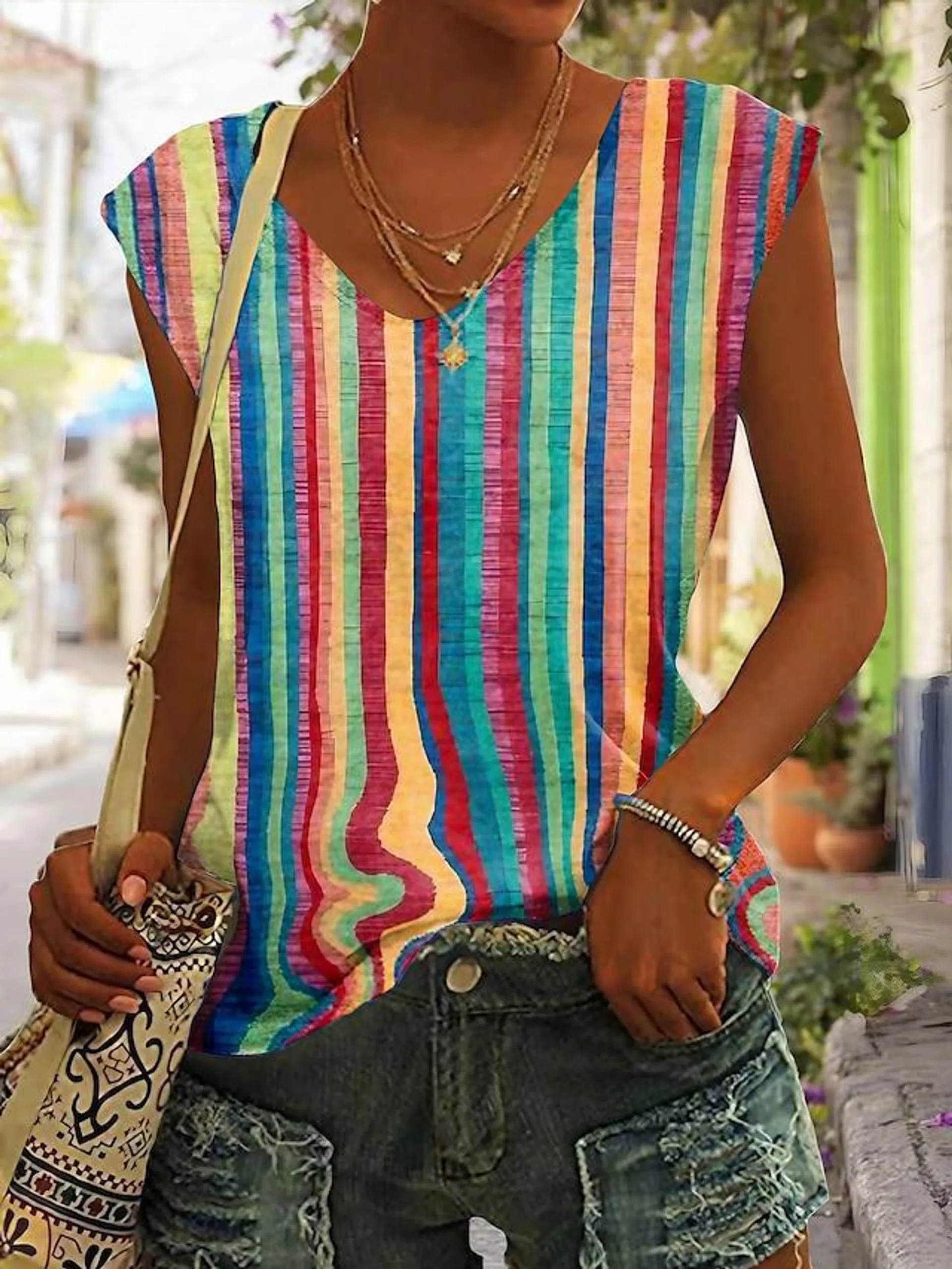 Women's Tank Top Striped Casual Yellow Pink Blue Print Sleeveless Basic Neon & Bright V Neck Regular Fit