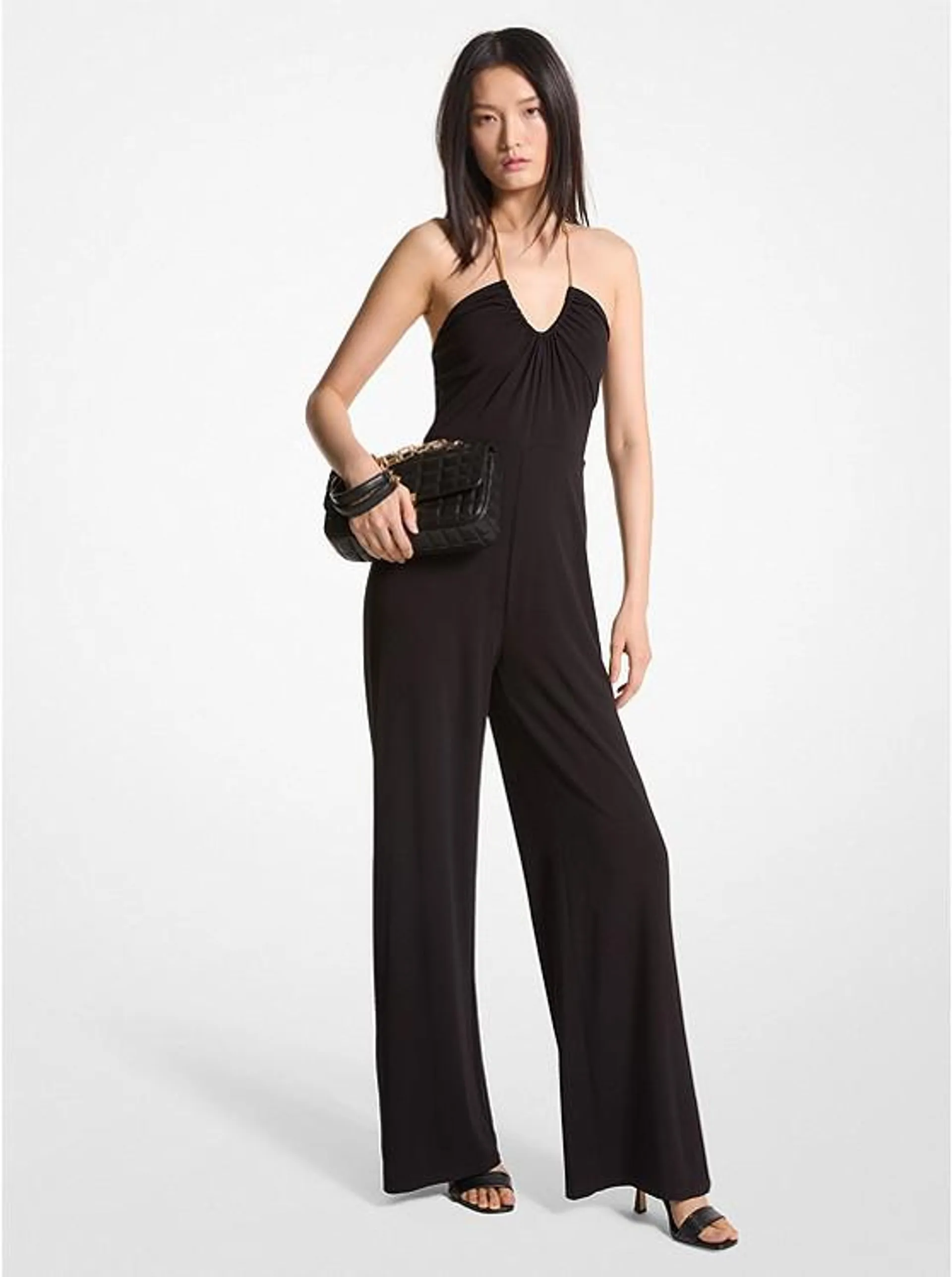 Embellished Stretch Matte Jersey Halter Jumpsuit