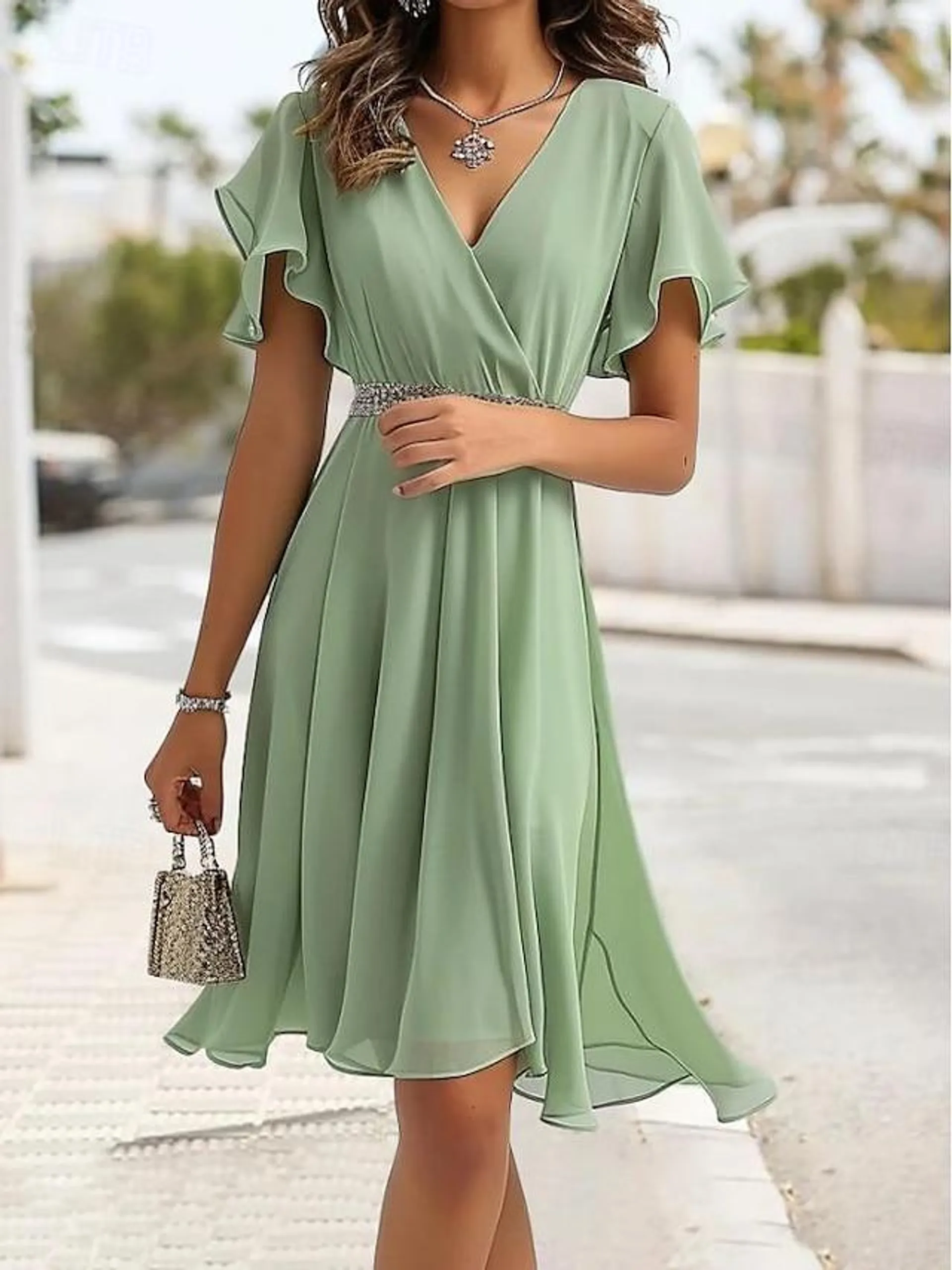 Dames Bruidsmeisjesjurk Halflange jurk Chiffon Gespleten dij Bruiloft gast Cocktailparty Elegant V-hals Korte mouw Volant mouw Blozend Roze blauw Groen Kleur