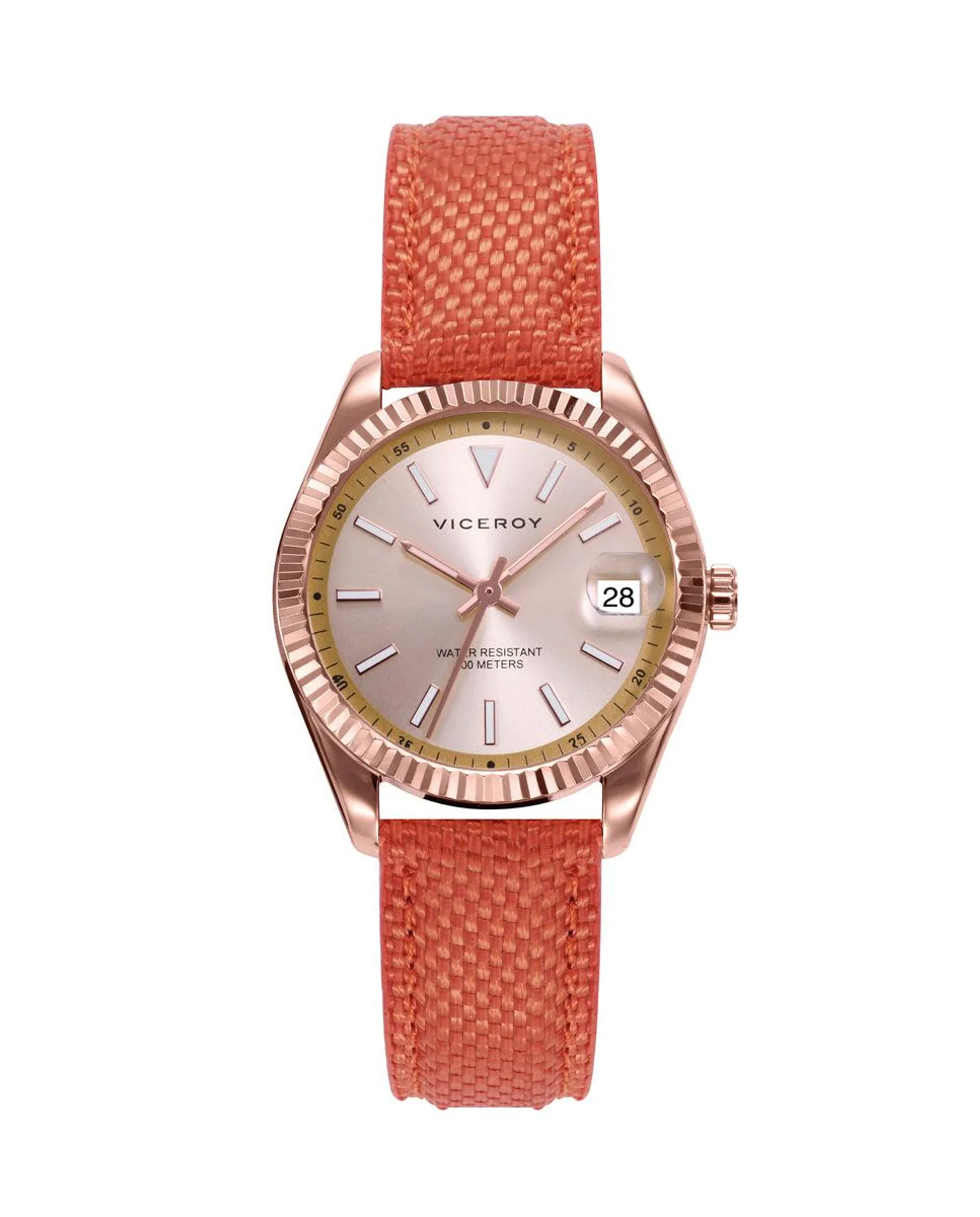 Reloj de mujer Chic con caja de acero Ip rosa y correa de nylon naranja