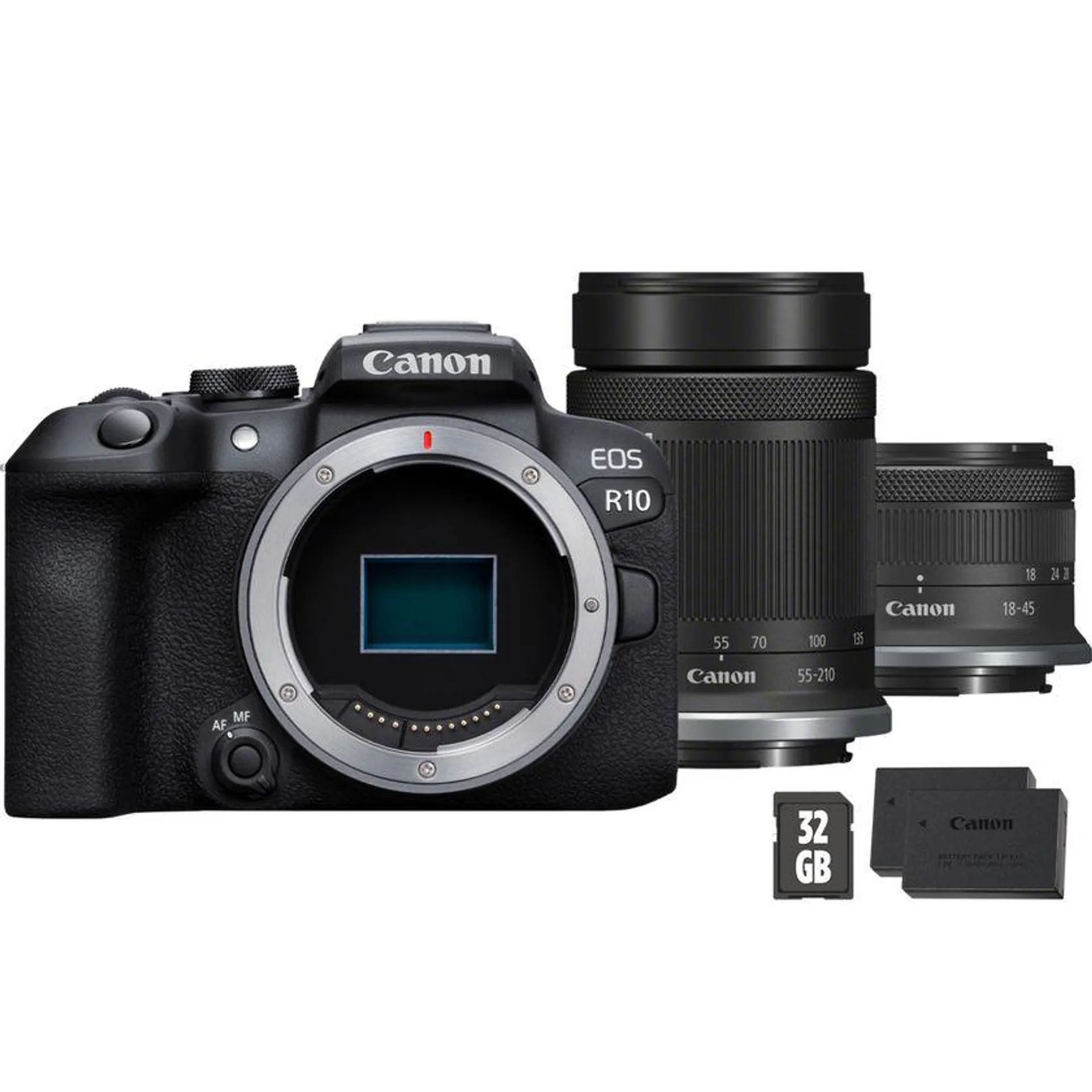 Cámara mirrorless Canon EOS R10 + Objetivo RF-S 55-210mm + Objetivo RF-S 18-45mm + Tarjeta SD + Batería de repuesto