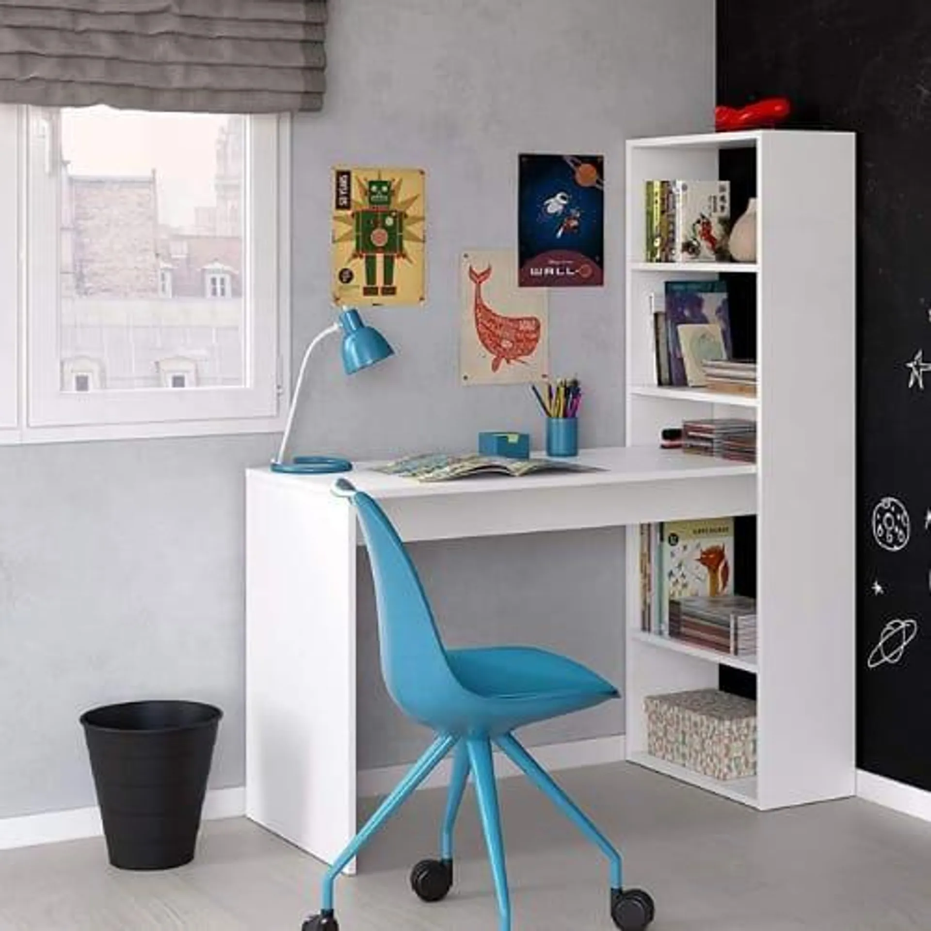 Mobelcenter - Escritorio y estantería Reversible - Mesa de Oficina o Escritorio con estantería (Blanco) -0890